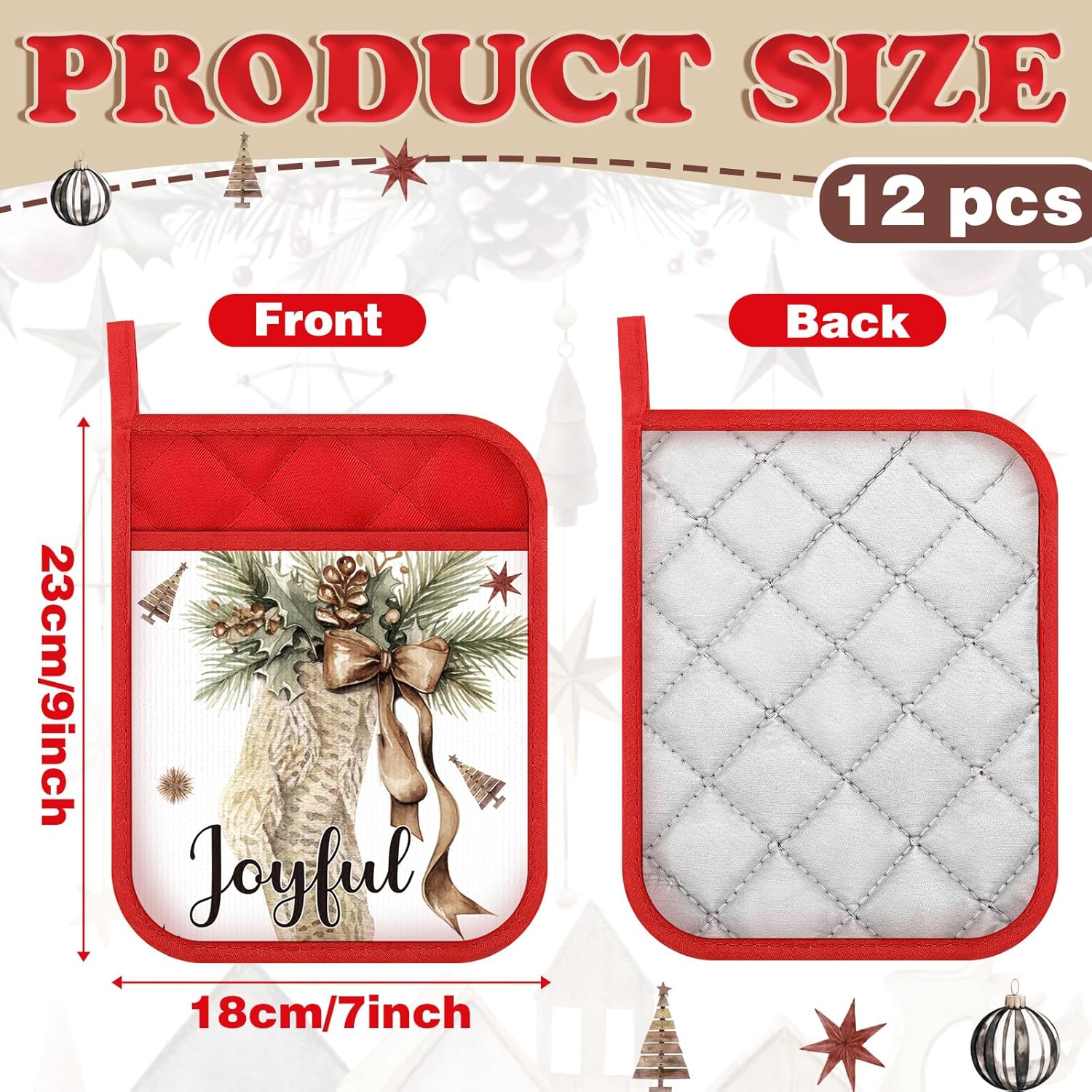 Roshtia 12 Pcs Christmas Pot Holders with Pocket Neutral Xmas Farmhouse Pot Holders for Kitchen Winter Hot Pads Oven Mitts Cookie Bag Cute Heat Resistant Oven Gloves for Kitchen Gift Baking Cooking - Image 3