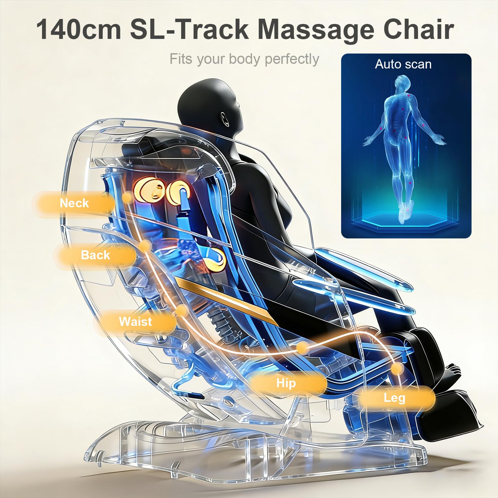 3D SL-Track-Massagesessel Ganzkörper-Massagesessel 8 Luftkammern Heizfunktion Fußrollenmassage KI-Sprachsteuerung Bluetooth-Lautsprecher Zero-Gravity-Modus