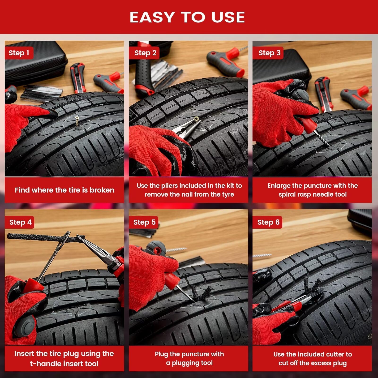 Kit di Riparazione Pneumatici - Kit di Riparazione forature per Auto - La Soluzione Ideale per Riparare forature per Auto, Moto, Camion, furgoni - 20 Corde e Custodia