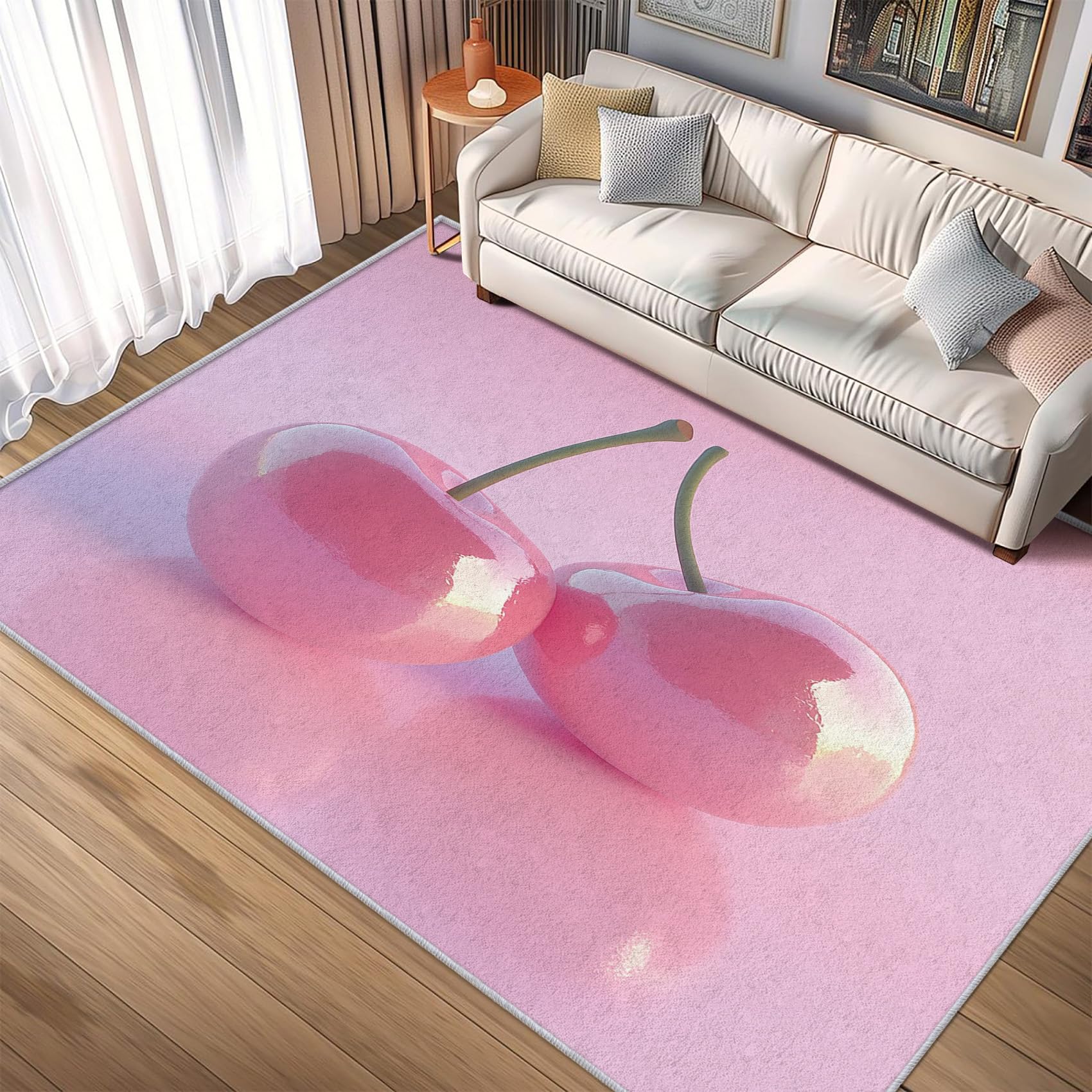 Jejynxia Cherry Rug 5x6 - Cute Cherries Rugs for Bedroom, Living Room, Home Decor - Fruit Area Rug - Pink Indoor Floor Carpet - Washable & Non Slip