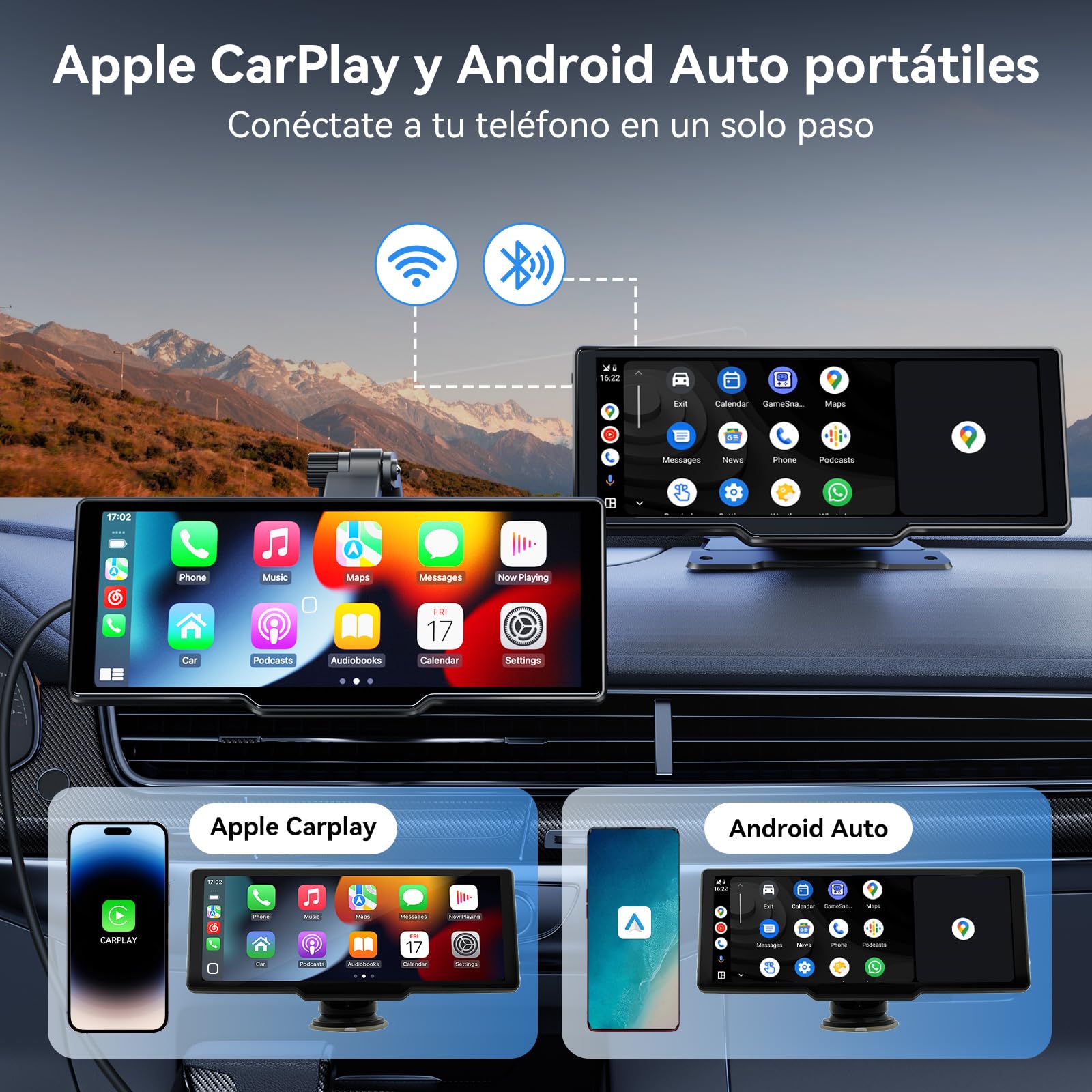 Pantalla Carplay Coche para A-pple & Android Auto, 10,26" Carplay Coche con Pantalla táctil, Cámara Trasera 1080p, OTA-Updates, Bluetooth, GPS, Super Link, FM, AUX, Siri de Voz