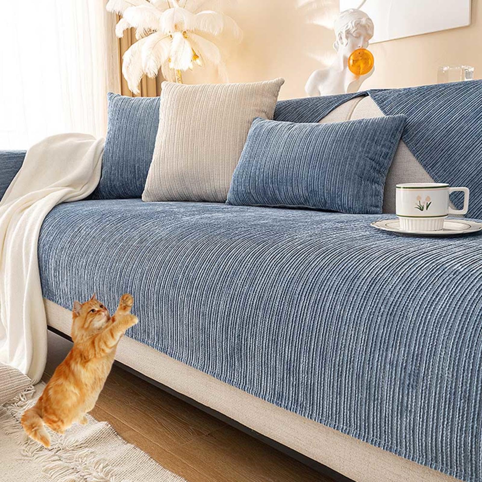 Racib L Shape Velvet Sofa Cover, Non-Slip, Waterproof, Blue, 110x240cm