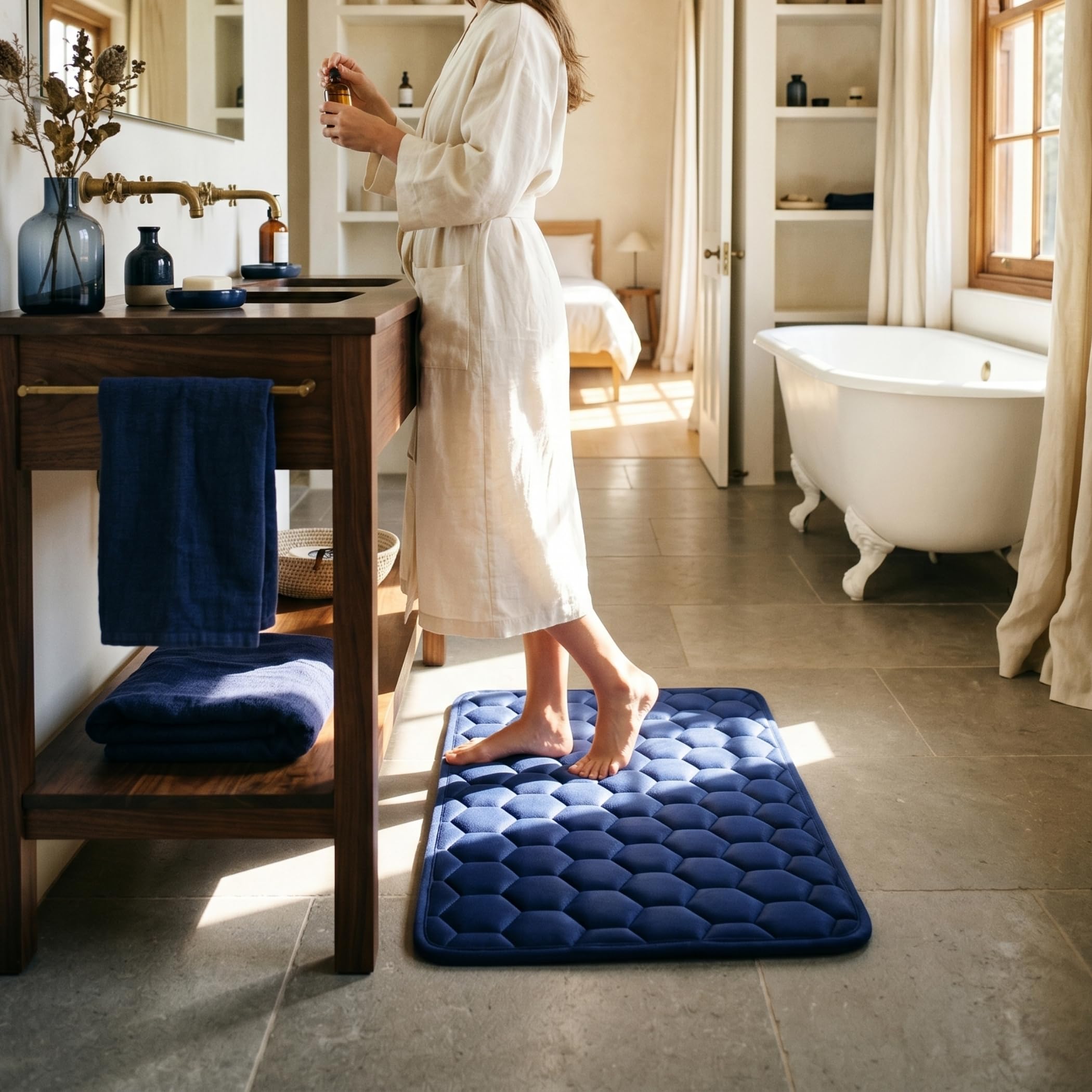 ALBERE Tapis de Bain Haut de Gamme en Mousse à Mémoire de Forme 2 cm, Antidérapant SBR, Ultra Absorbant, Doux et Moelleux, Séchage Rapide, 50x80 cm, Bleu Marin