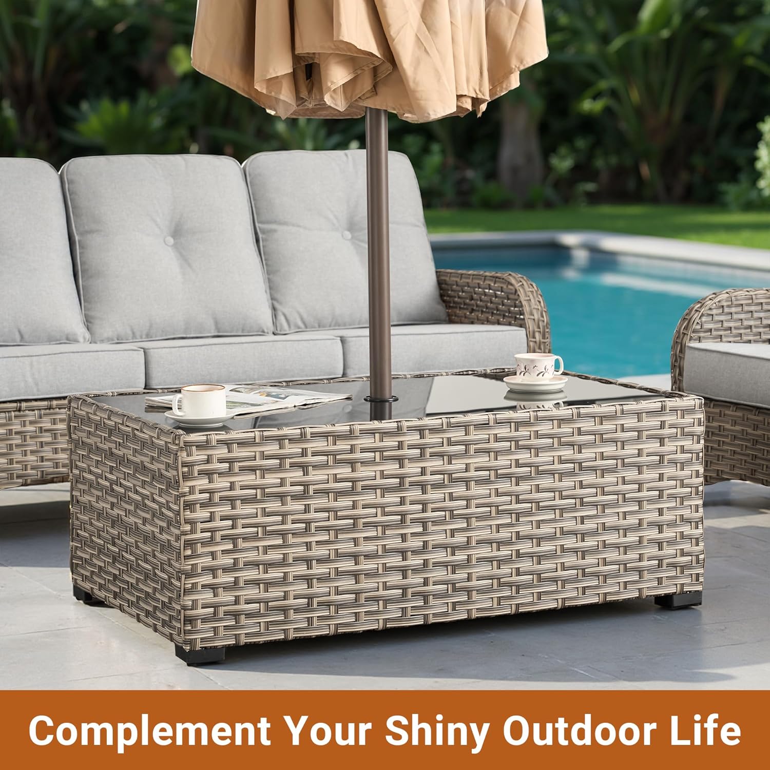 HOOOWOOO Outdoor Patio Side Table with Umbrella Hole,Wicker Coffee End Table Glass Top,Umbrella Table with 1.64" and 2" Hole for Yard,Deck,Porch,Garden(Rectangle Brown)