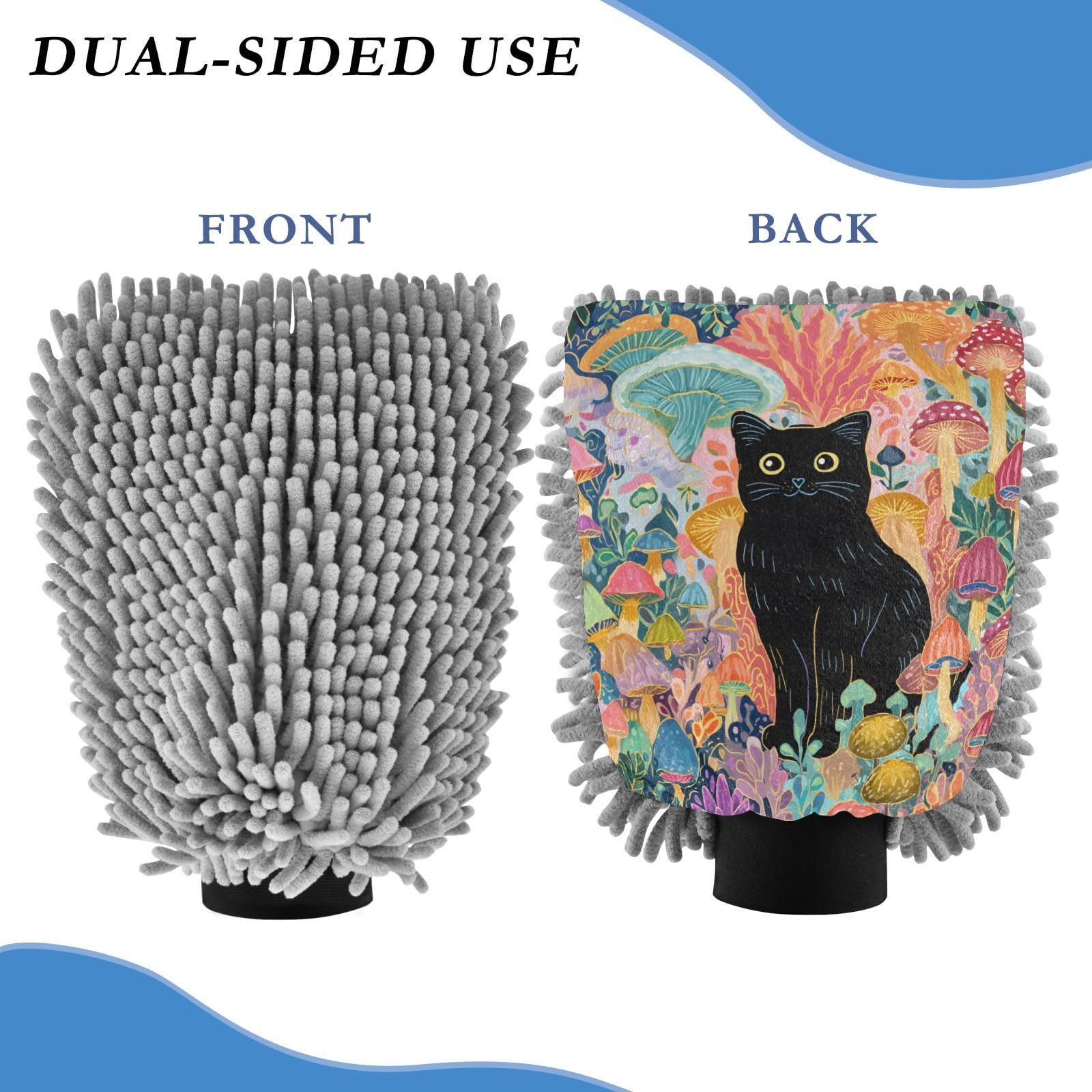 ALAZA Mushroom Black Cat Car Wash Mitt Scratch Free, 2 Pack Absorbent Microfiber/Chenille Washing & Drying Mitts, M