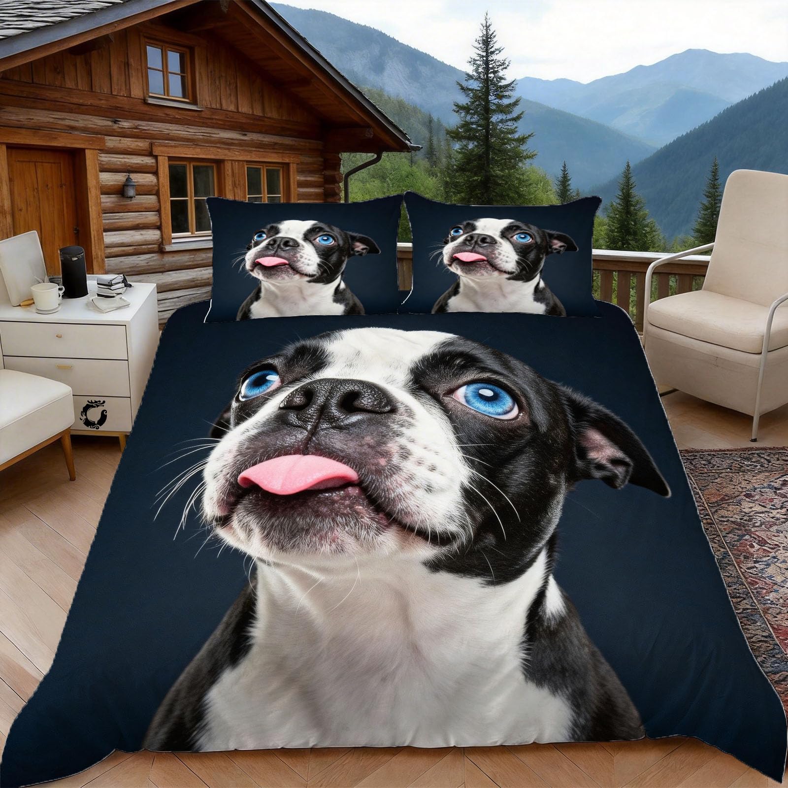3D Single Duvet Cover Set 3D Printed Boston Terrier Bedding, Cute Dog Soft Microfibre Duvet Cover Sets Quilt Cover and Pillow Set with Zipper 3 Pcs