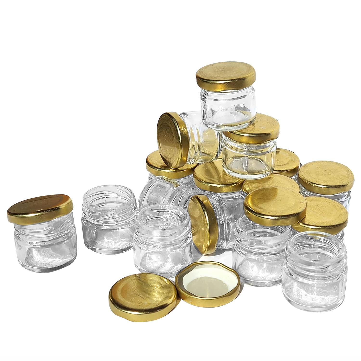 Diwali Sale Pure Source India Round Mini Glass Jar Container With Airtight Metal Lid - 20 Gram, 100 Pieces, Clear
