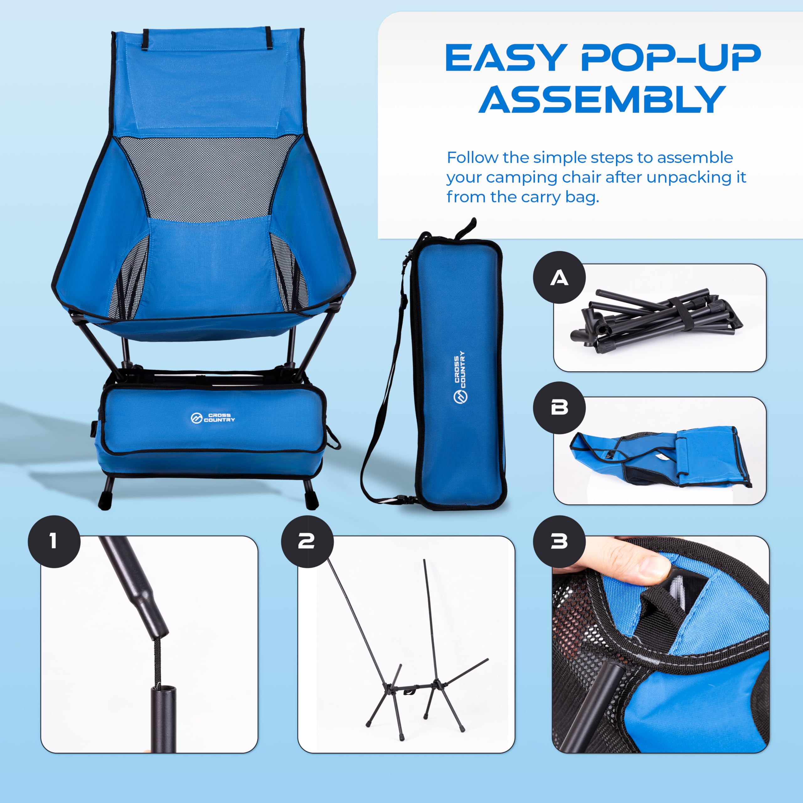 CROSS COUNTRY Lightweight Camping Chair - Portable & Collapsible Outdoor Seating, Blue - Image 4