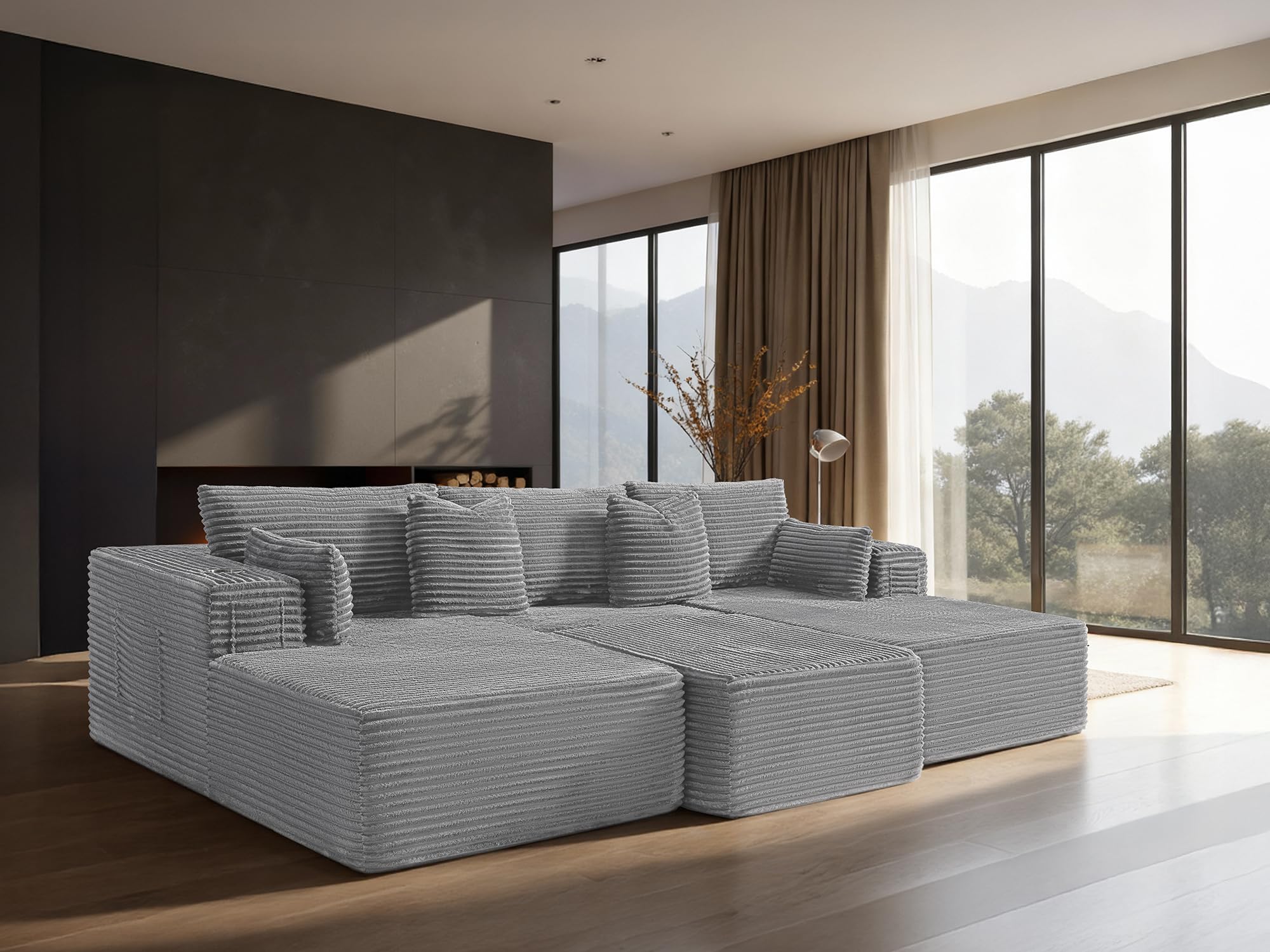 108" Cloud Sectional Couch, Comfort Sleep Sofa for Living Room, Extra Deep Seats No Assembly, Minimalist Modular Couch, Corduroy (Light Grey, Widen Loveseat Chaise)