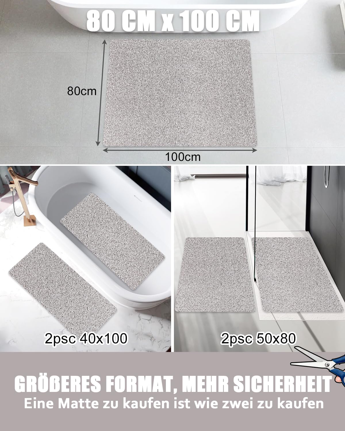 Tappetino da doccia antiscivolo, 80 x 100 cm, extra grande, di sicurezza, con fori di scarico, morbido e confortevole, in PVC, per massaggiare la doccia, ad asciugatura rapida