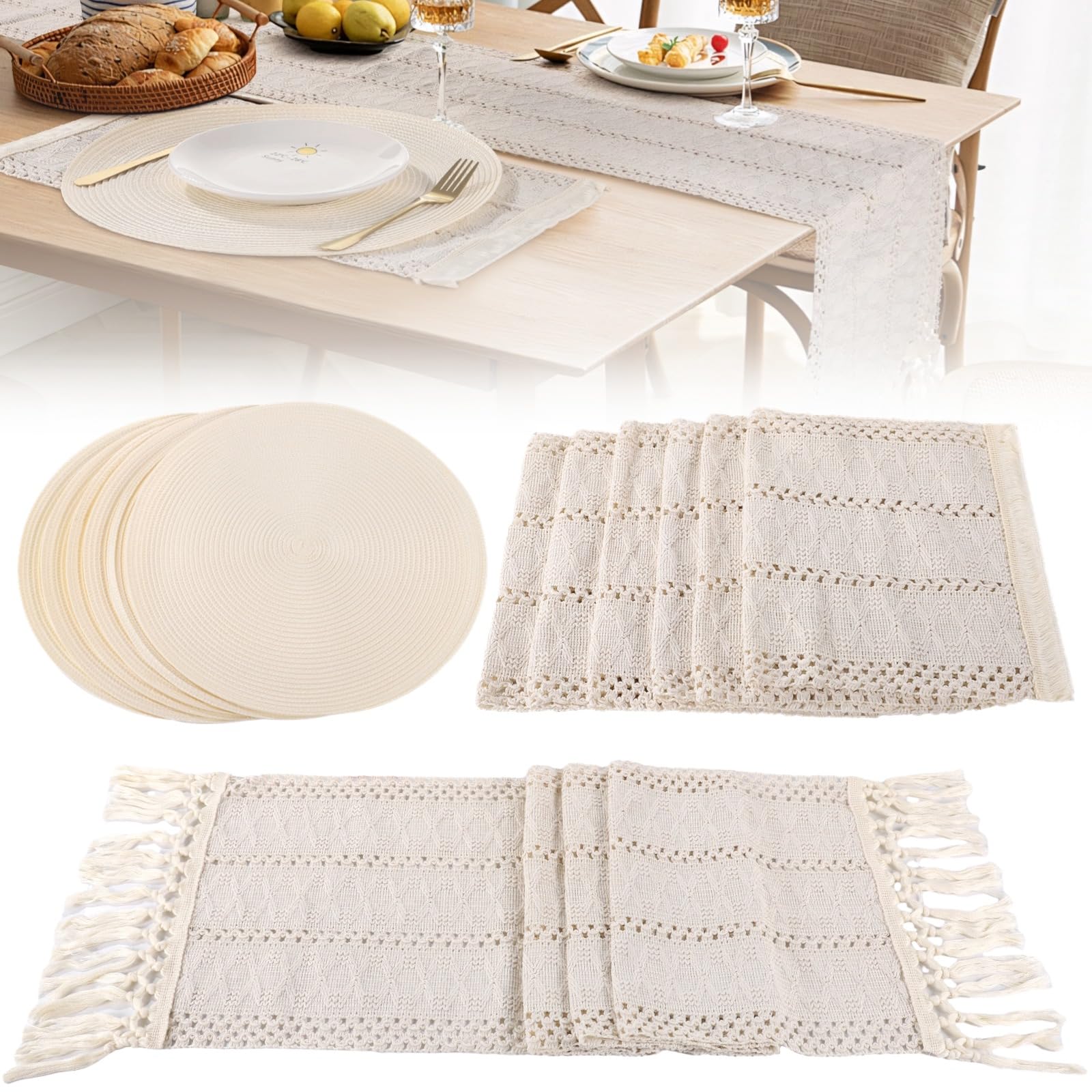 Lot de 6 sets de table ronds tissés - 6 sets de table ronds tissés - 6 sets de table en coton et lin - 1 chemin de table en macramé avec pampille - Résistants à la chaleur et antidérapants - Style