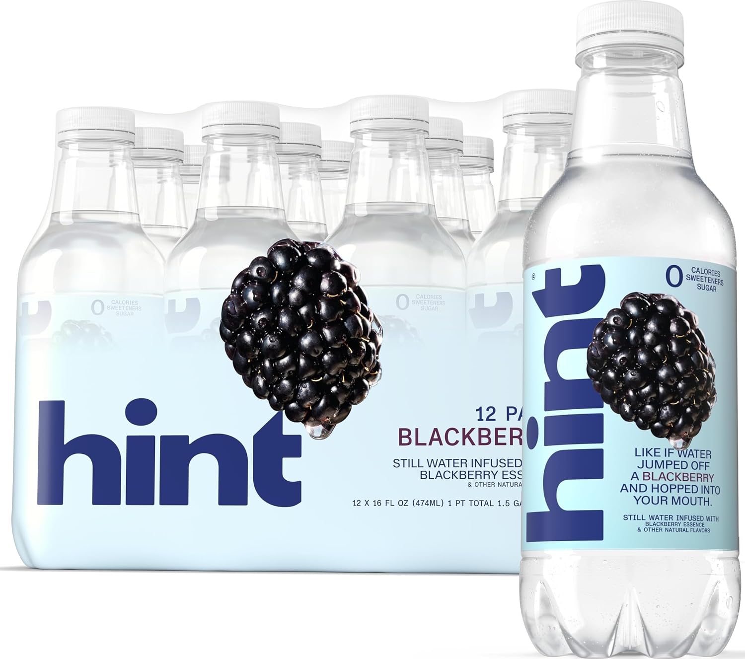 Hint Fruit-Infused Bottled Water, Blackberry - Sugar Free Flavored Water with Zero Calories, Natural Fruit Essences, and No Artificial Sweeteners - 16 Fl Oz (Pack of 12)