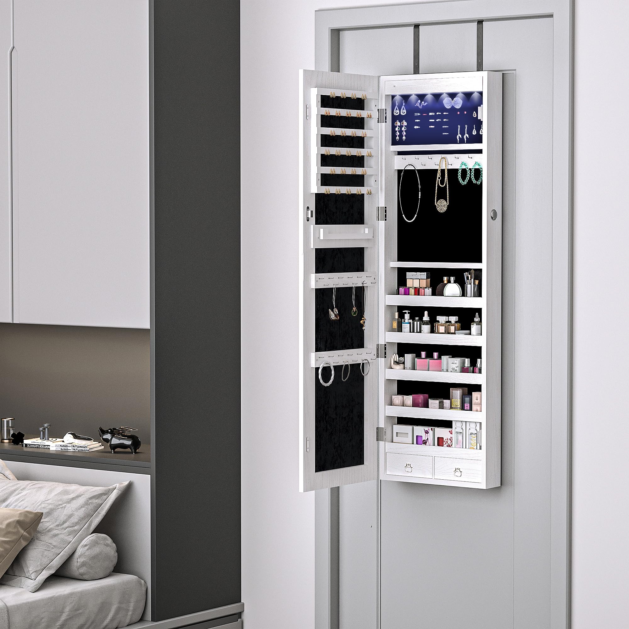 HOMCOM Espejo Joyero Colgante de Pared o Puerta con 6 Luces LED 5 Estantes 2 Cajones Pequeños Espejo Armario Montado con Cerradura para Dormitorio 37x120x10 cm Blanco