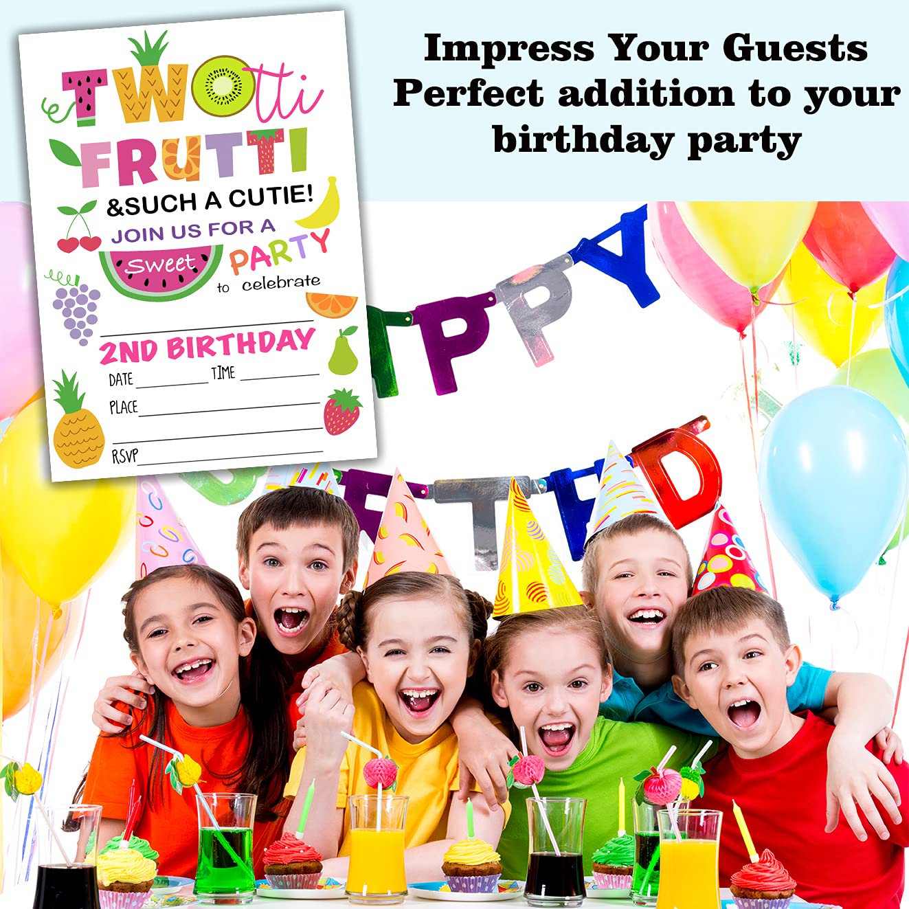 Inviti Festa Compleanno 2 Anni Tutti Frutti – 20 Biglietti Con Buste, Design Frutta E Acquerello, Per Bambini - 4
