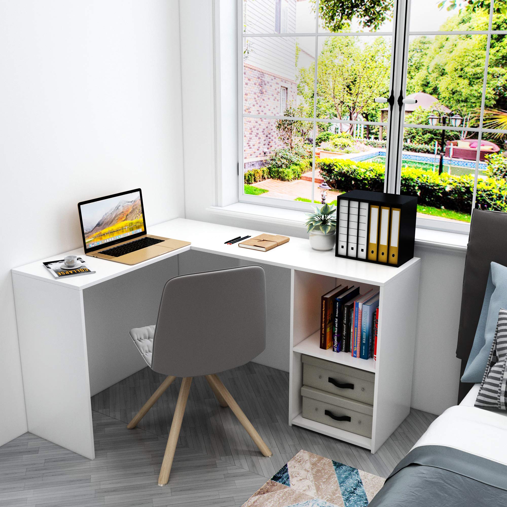 L-shaped desk configuration in a home office setting