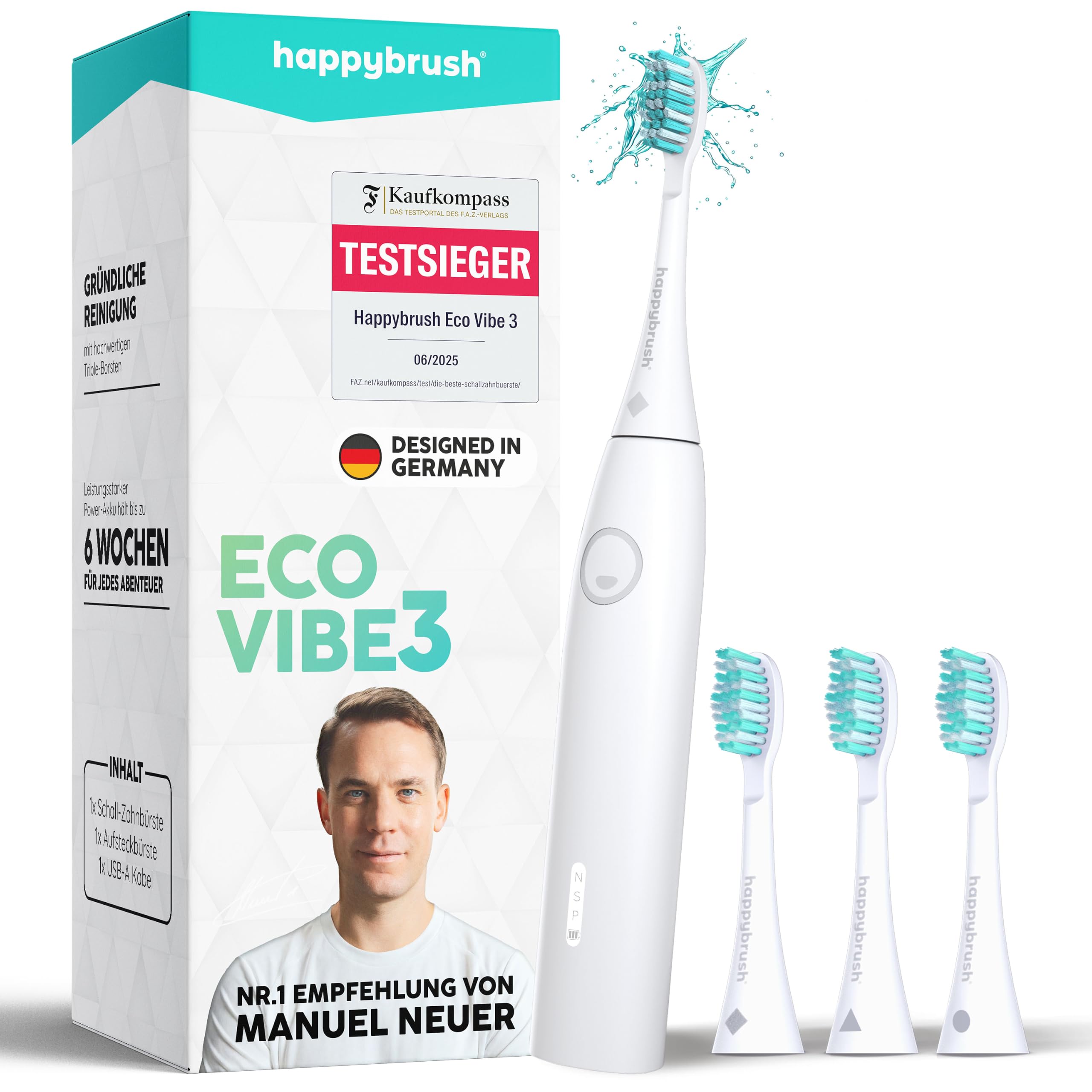happybrush® Spazzolino elettrico sonico Eco VIBE 3 - Spazzolino sostenibile con batteria ricaricabile che dura 6 settimane, con 3 testine di ricambio e dentifricio - Bianco/Menta
