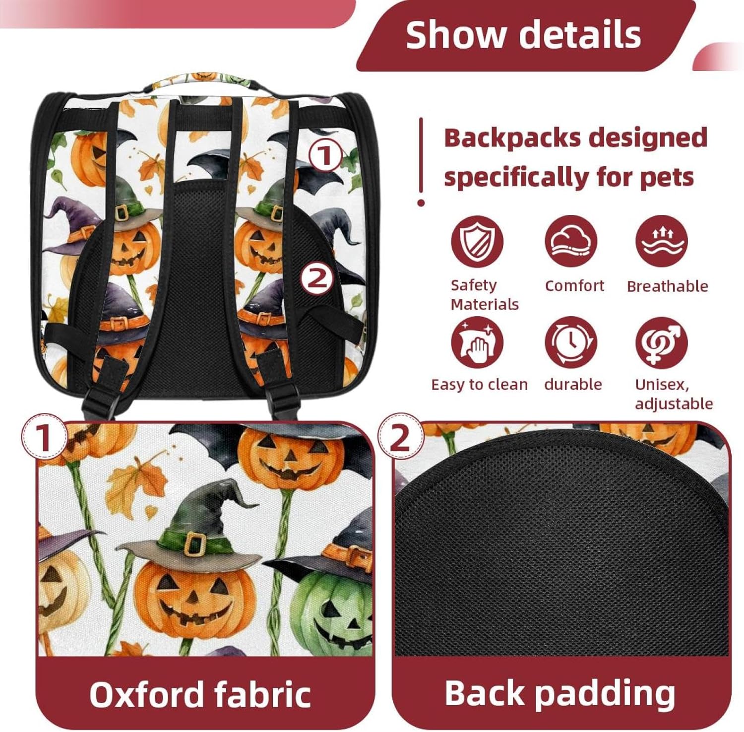 Portable Travel pet Backpack Carrier Hamster Bag Small Dog cat Carrier Breathable Hang Bag, Halloween icon Set Watercolor Painting 3_78