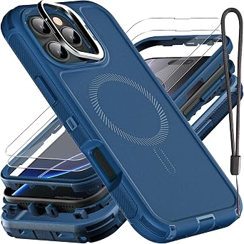 YKHJKLEC for iPhone 16 Pro Max Case, Military Grade 3 in 1 Heavy Duty Shockproof/Drop Proof/Dust Proof with Kickstand Case, with 2 x Tempered Glass Screen Protector & 1 x Wrist Strap ZJ-Navy Blue
