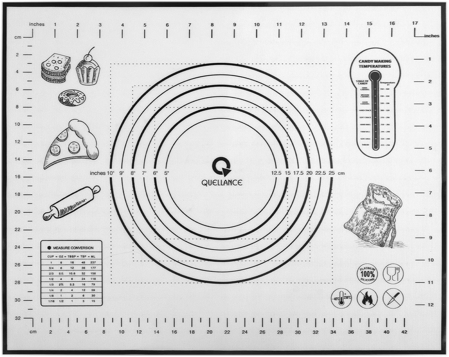 Silicone Baking Mat Pastry Mat with Measurement, 16" x 20" Black -Kids Rolling Mat for Fondant, Rolling Dou…