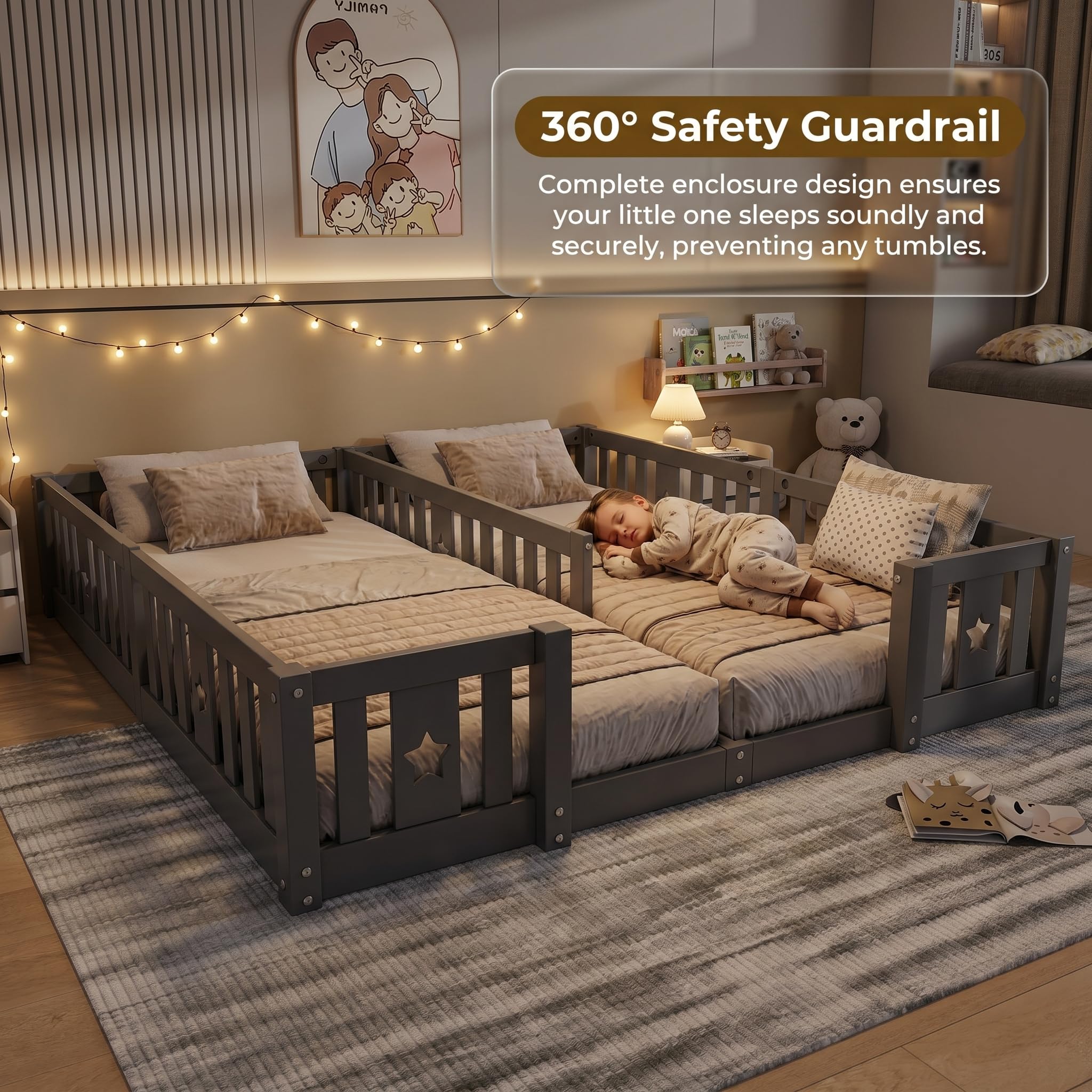 BRILVERDE Letto a terra per bambini 180x200 cm, struttura in legno massiccio con protezione anticaduta perimetrale – con rete a doghe, letto per bambini, letto per adolescenti, in legno di pino – per