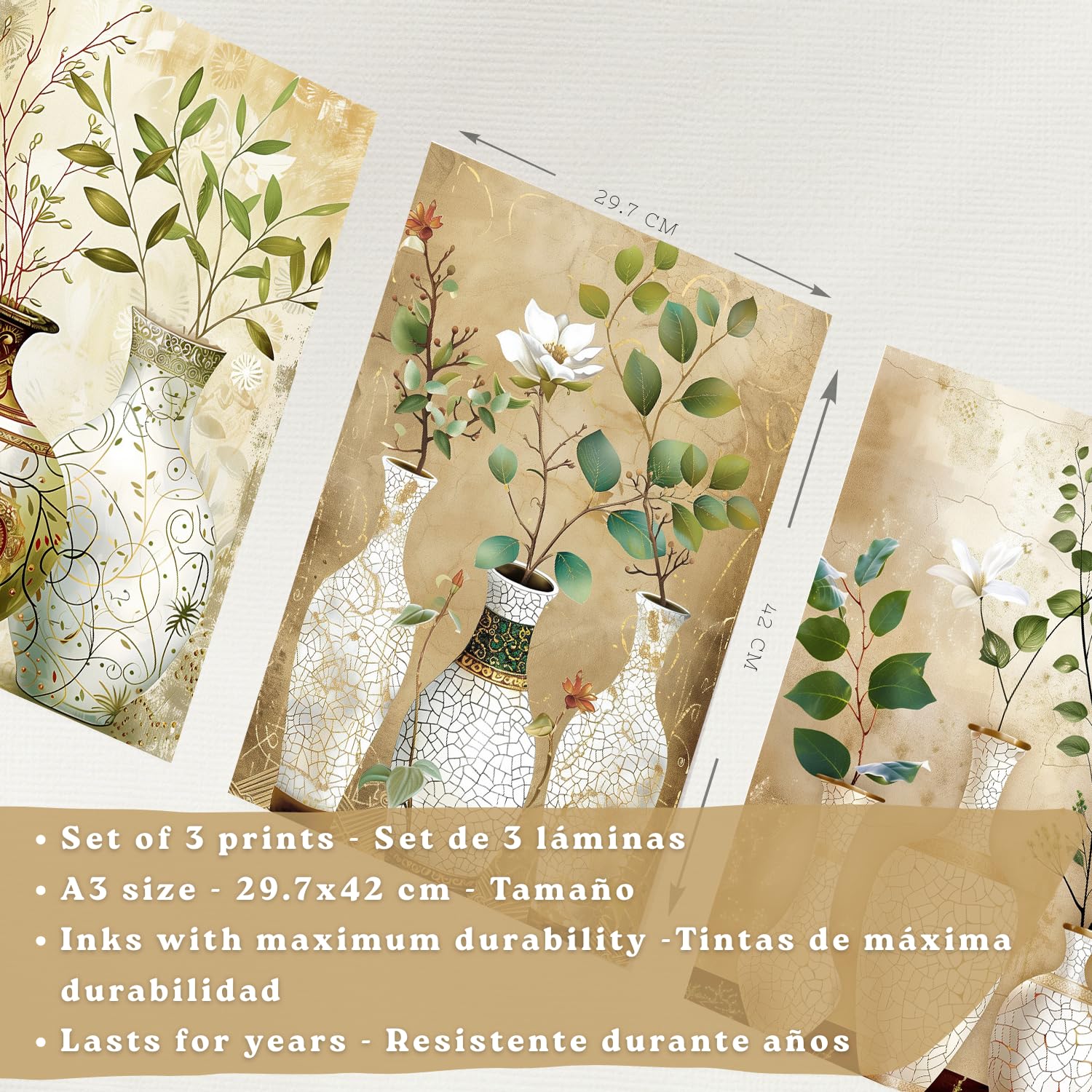 Nacnic Juego De 3 Cuadros Florales. Laminas Decorativas Pared Flores Clasicas. Posters De Pared Botanico Naturaleza. Cuadros Flor Silvestre Pared Para Salón Y Dormitorio. Tamaño A3 Marco Madera Clara