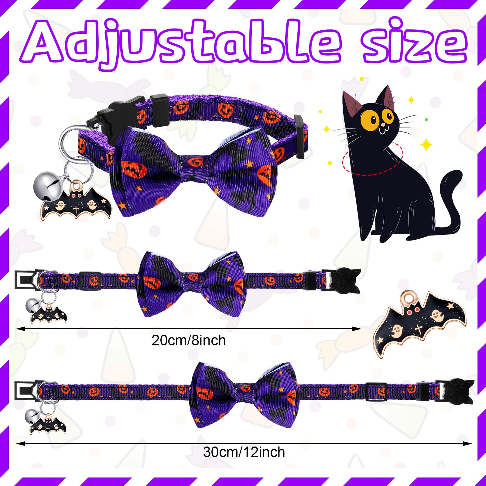 Kacctyen 18 collares navideños para gatos con pajarita extraíble y campana ajustable, collar de gato lindo de Halloween, collar de hebilla separable, collar de seguridad para perro, pajarita para