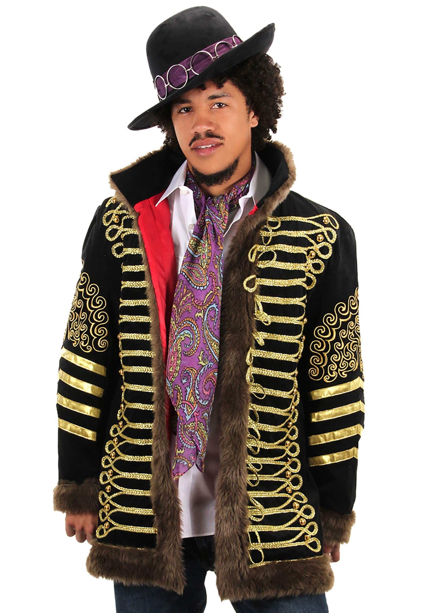 Men's Jimi Hendrix Deluxe Jacket Costume - Velvet Jacket with Faux Fur and Gold Details