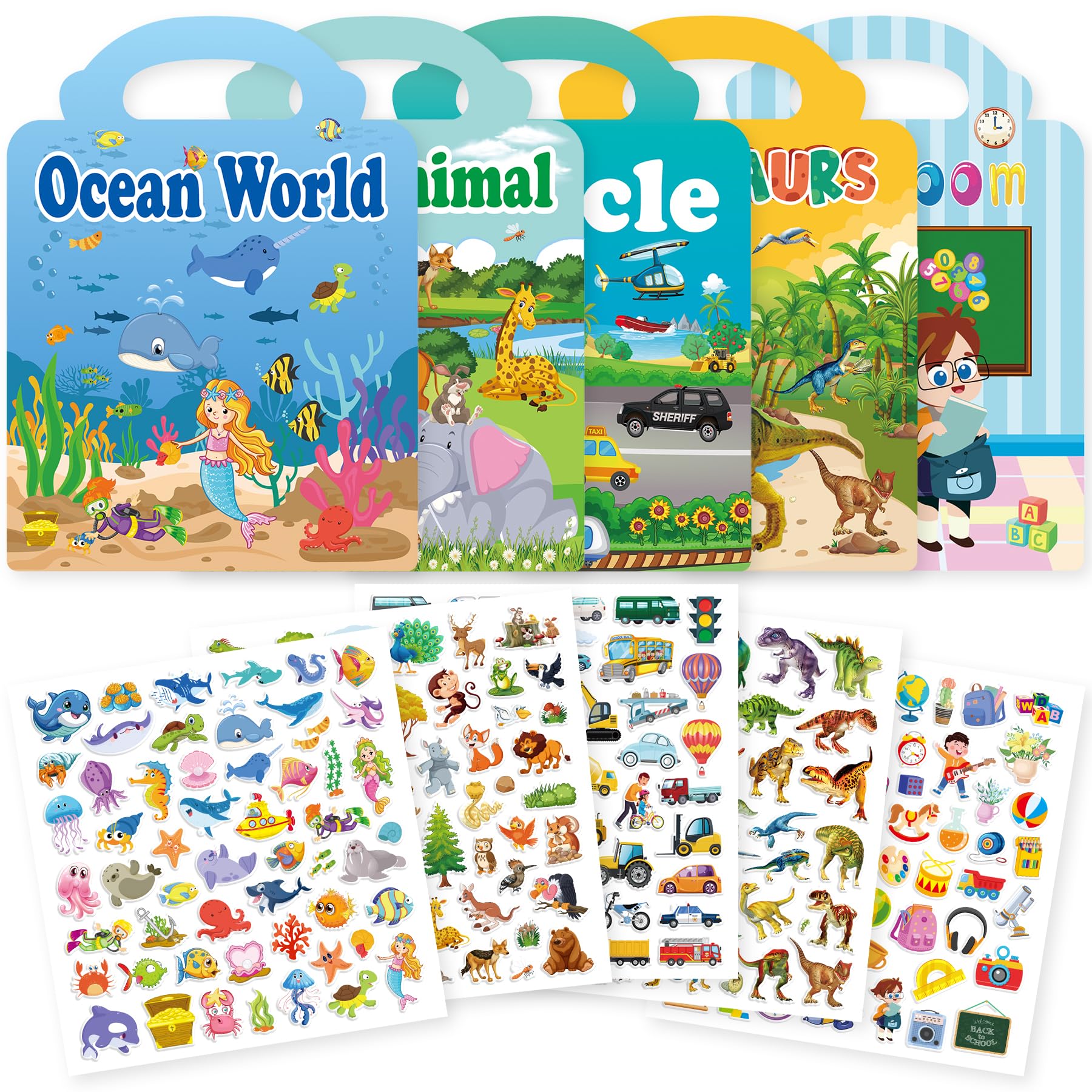 5-Pack Reusable Sticker Books for Toddlers 2-4, Puffy Stickers Activity Book with Vehicle, Dinosaur, Classroom, Wild Animal & Ocean Themes, Educational Travel Toy for Kids, Airplane & Road Trip Gift
