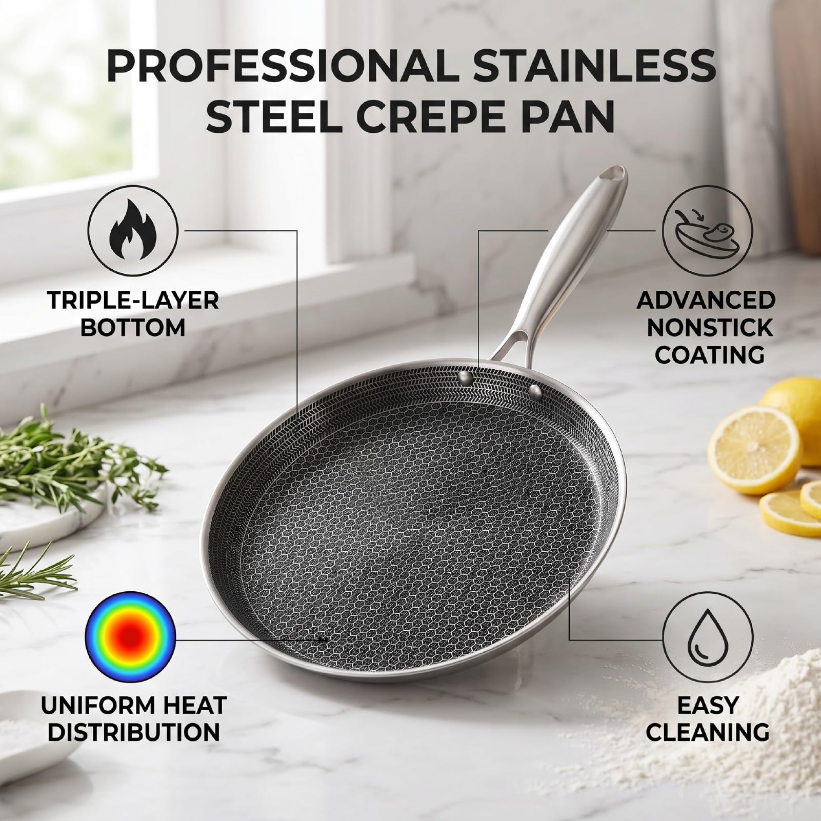 Fockety Padella antiaderente per crêpes, piastra in acciaio inox (24 cm)