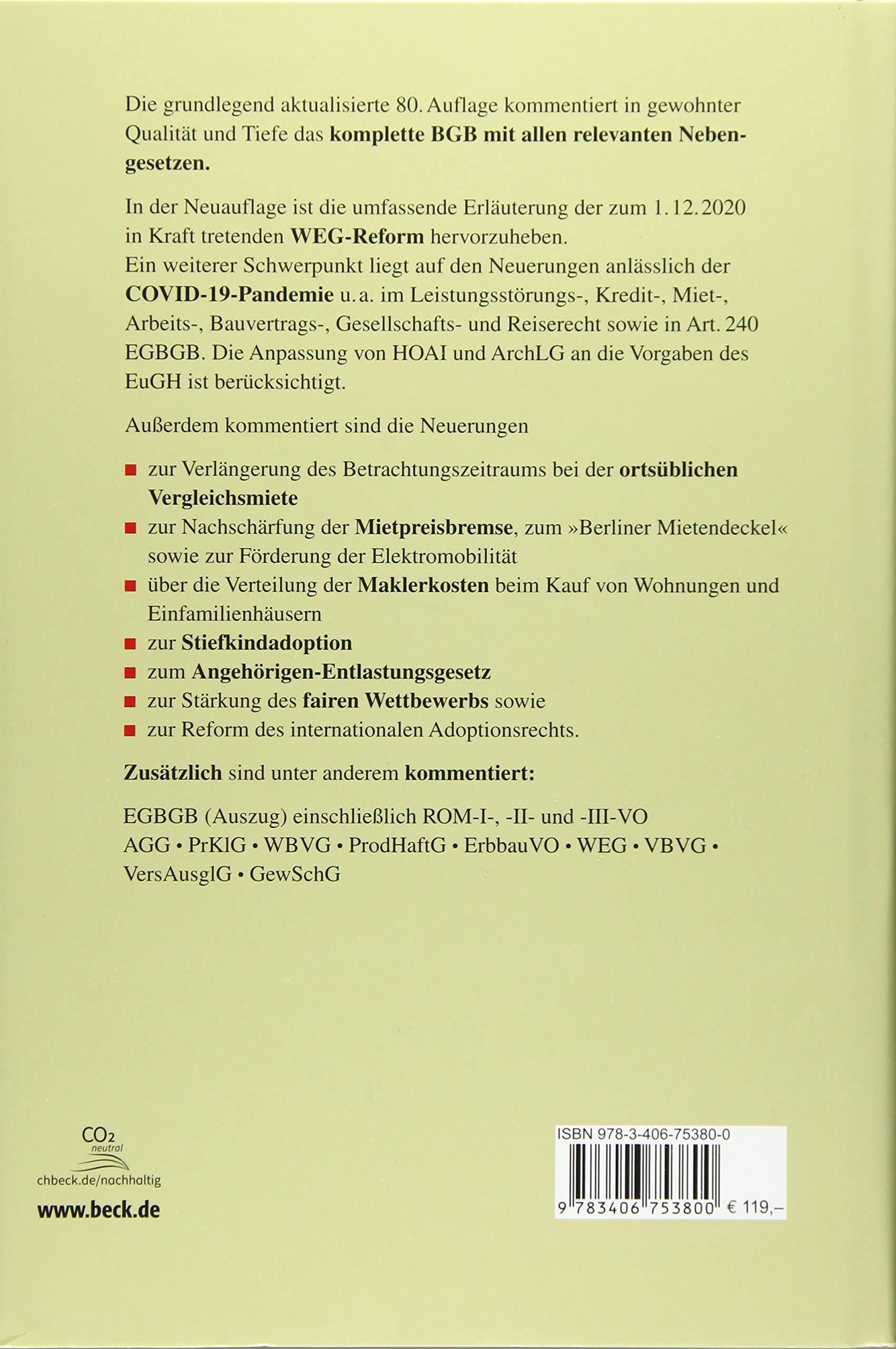 Bürgerliches Gesetzbuch mit Nebengesetzen insbesondere mit Einführungsgesetz (Auszug) einschließlich Rom I-, Rom II und Rom III-Verordnungen sowie ... 2020 (Beck'sche Kurz-Kommentare, Band 7)