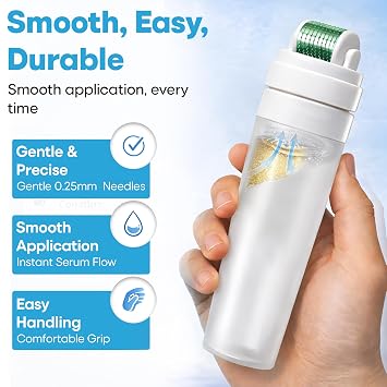 Derma Roller for Hair Growth, Face & Beard with Serum Applicator: At Home Microneedling Device, 0.25mm Microneedle Roller for Hair Growth, Micro Needle Kit, Superior to Derma Stamp/Micro Needling Pen