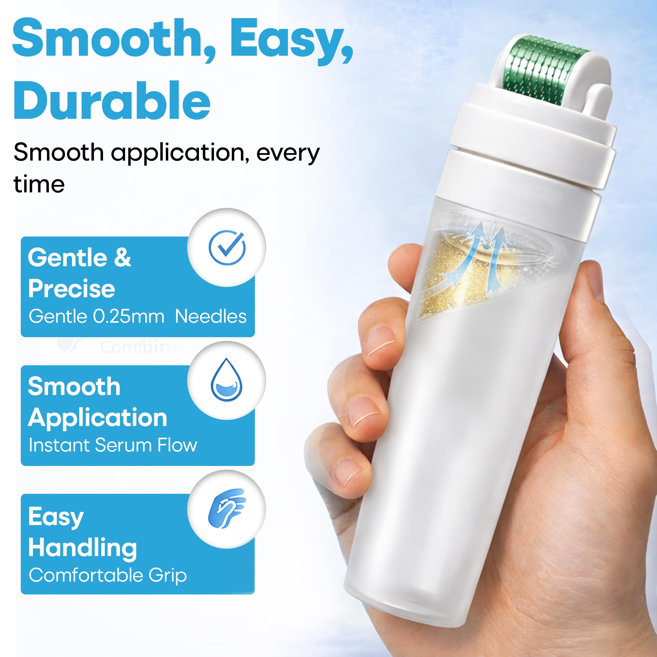 Derma Roller para Rostro, Cuero Cabelludo y Barba con Aplicador de Suero – Rodillo Capilar para el Cabello de 0,25 mm, Rodillo Capilar de Microneedling para Uso en Casa - Kit de Microneedling