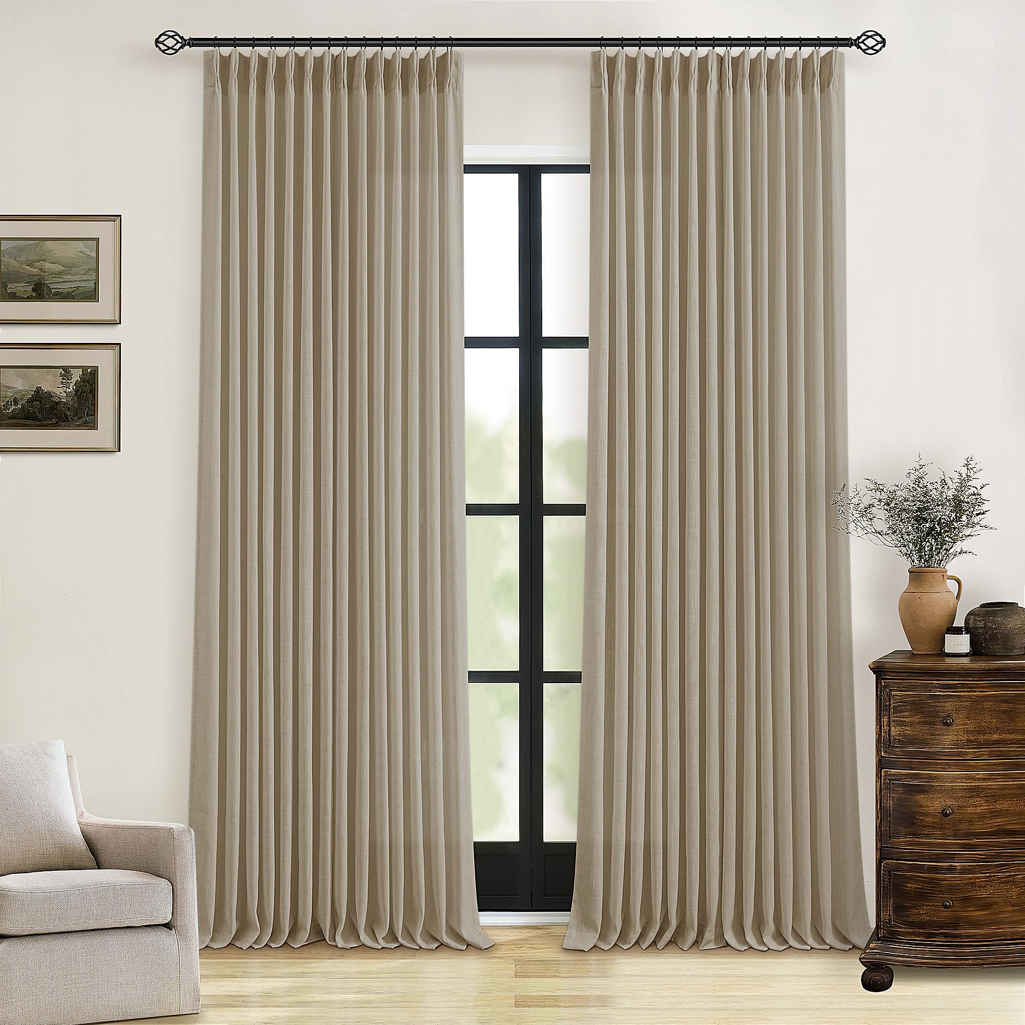 Pleated Linen Curtains 90 Inches Long for Living Room Pinch Pleat Hooks ...