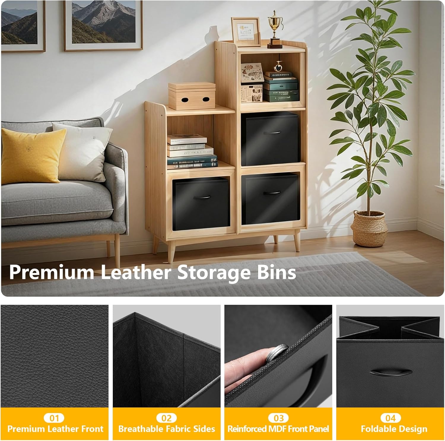 WUIKE 13-Inch Black Storage Cube Bins, Leather Front Cubby Organizer Baskets with Handles, Collapsible Storage Bins for Shelves and Closet, 4-Pack