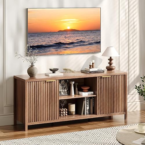 Miniatura 11 de VINGLI Soporte de TV acanalado de 58 pulgadas para televisores de hasta 70 pulgadas, moderno soporte de TV con almacenamiento y estantes ajustables,