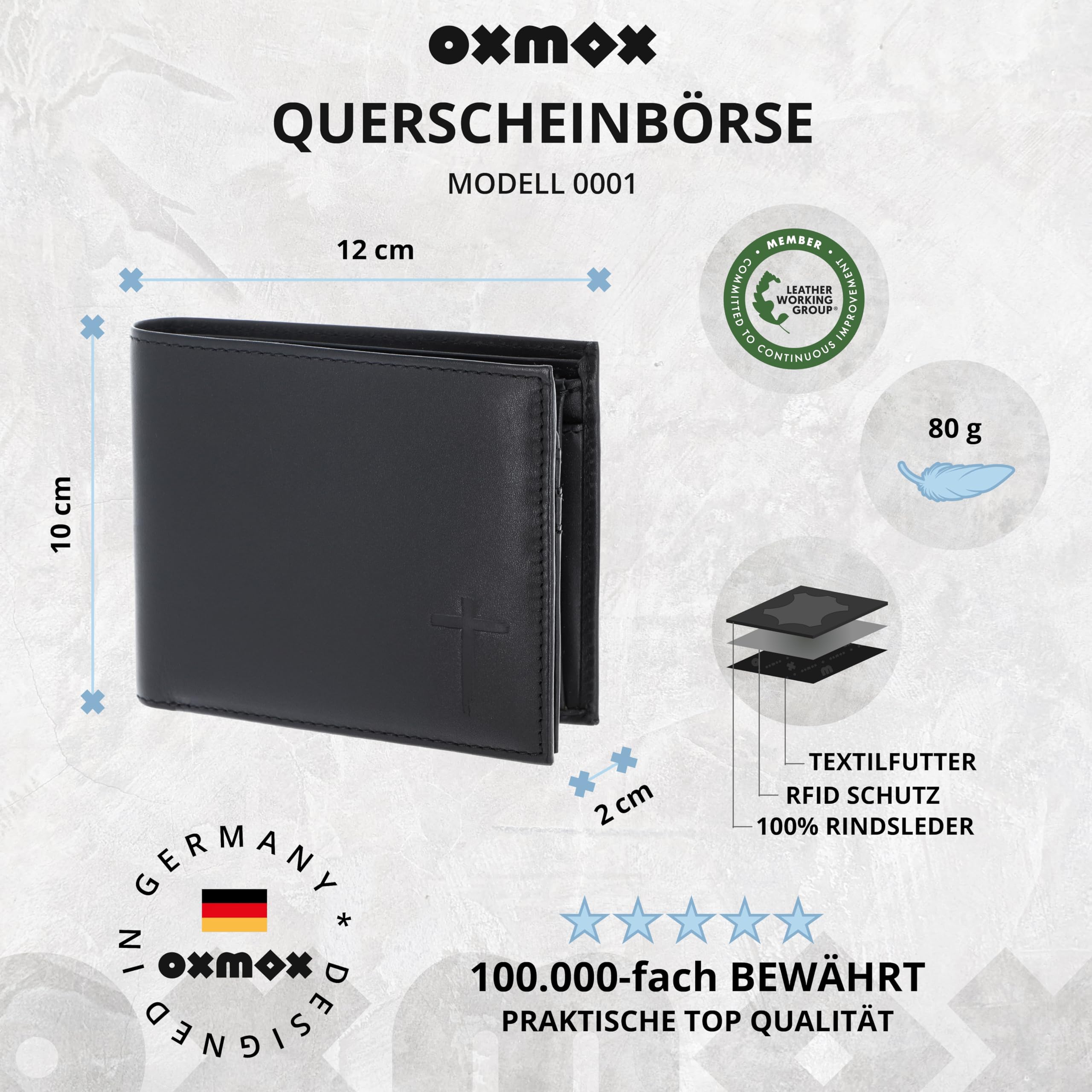 Oxmox Leder Geldbörse Leather RFID Protect Querscheinbörse Freedom Cross Embossed Black schwarz
