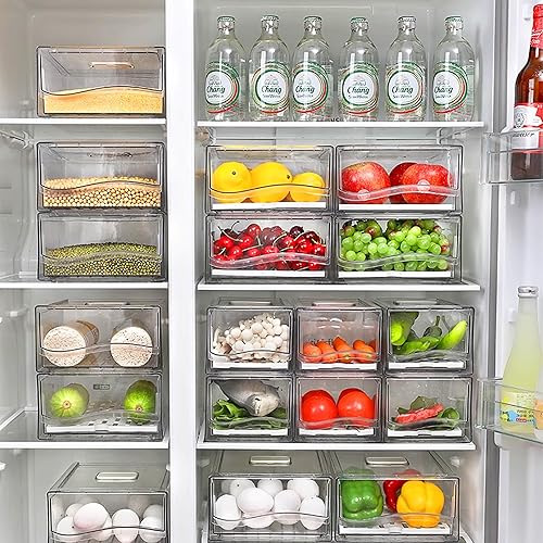 Miniatura 5 de Paquete de 4 organizadores y almacenamiento de refrigerador, organizador apilable de cajones para nevera con asas, cajón de plástico transparente,