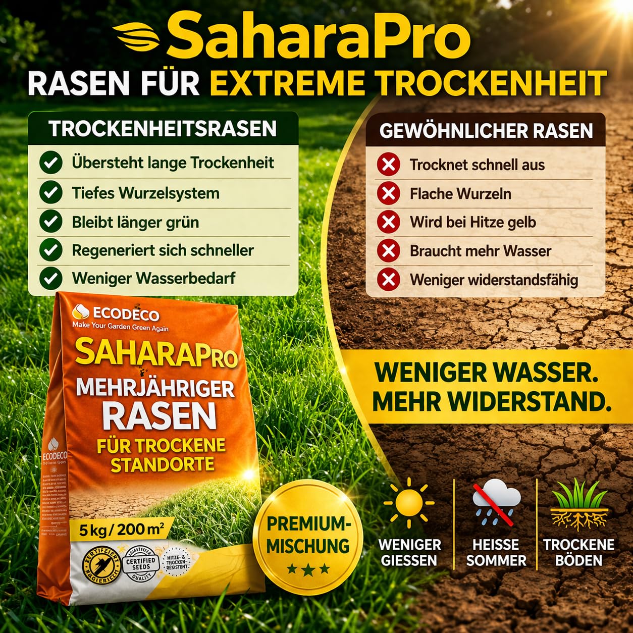 Rasensamen Trockenresistent 5kg – Grassamen & Trockenrasen mit 100% Mehrjährigen Gräsern – Schnellkeimend, Ideal für Extreme Trockenheit & Sonnige Flächen