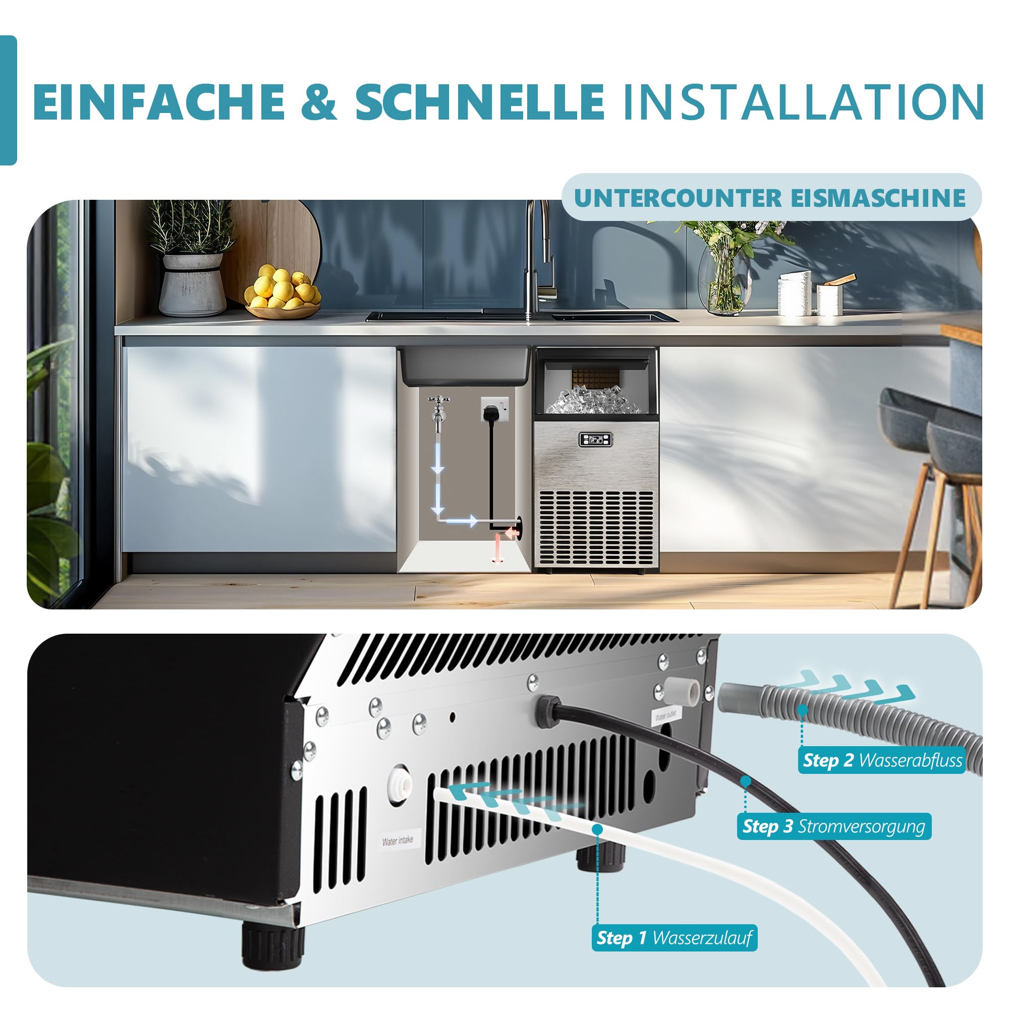 EUHOMY Gewerbliche Eiswürfelmaschine, 45 kg/24 Std. Edelstahl Untertisch-Eismaschine mit 15 kg Eislagerkapazität, freistehende Eismaschine mit Timer, ideal für Bars, Getränkeläden und große Feiern