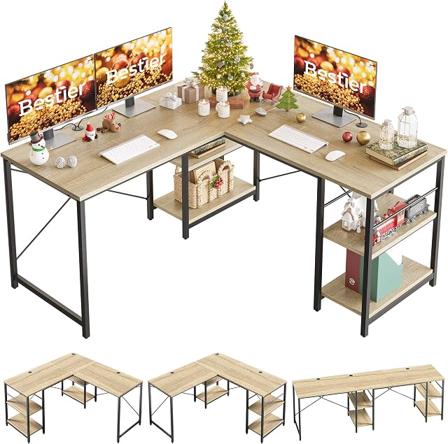 Bestier L Shaped Desk with Shelves Reversible Corner Desk 240CM Industrial Long Table Stable Desk L Shape Computer Workstation with 3 Cable Holes