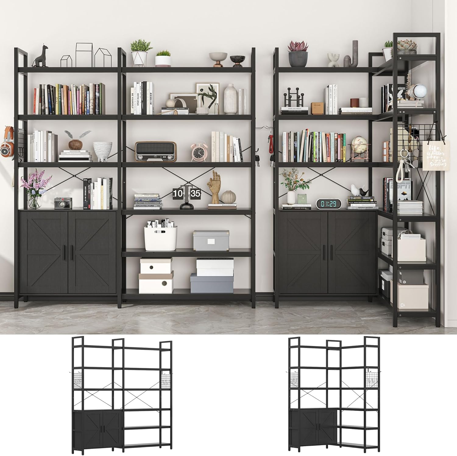 Semoic 6-tire Farmhouse Black Corner Book Shelf with 2 Barn Doors and 10 Storage Shelves, 71.3" Tall Convertible Etagere Bookcase with Storage Cabinet, Large L Shaped Bookshelf for Living Room(Black)