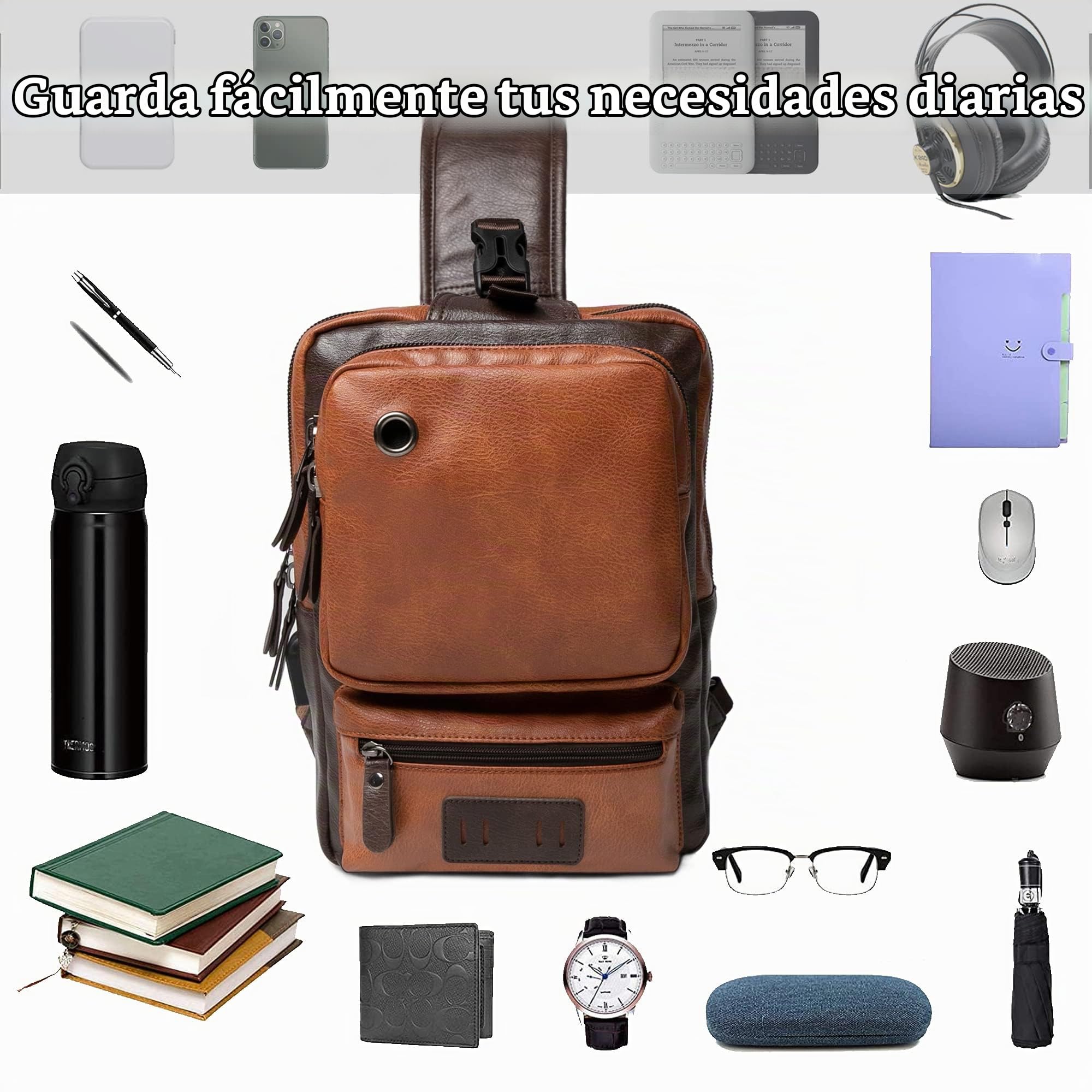 AONEGOLD Bolso Pecho Hombre Pequeña Piel Vintage Mochila de Cuero PU Bandoleras Cruzada Sling Bag Crossbody Puerto de Carga USB Bolsos Cruzados