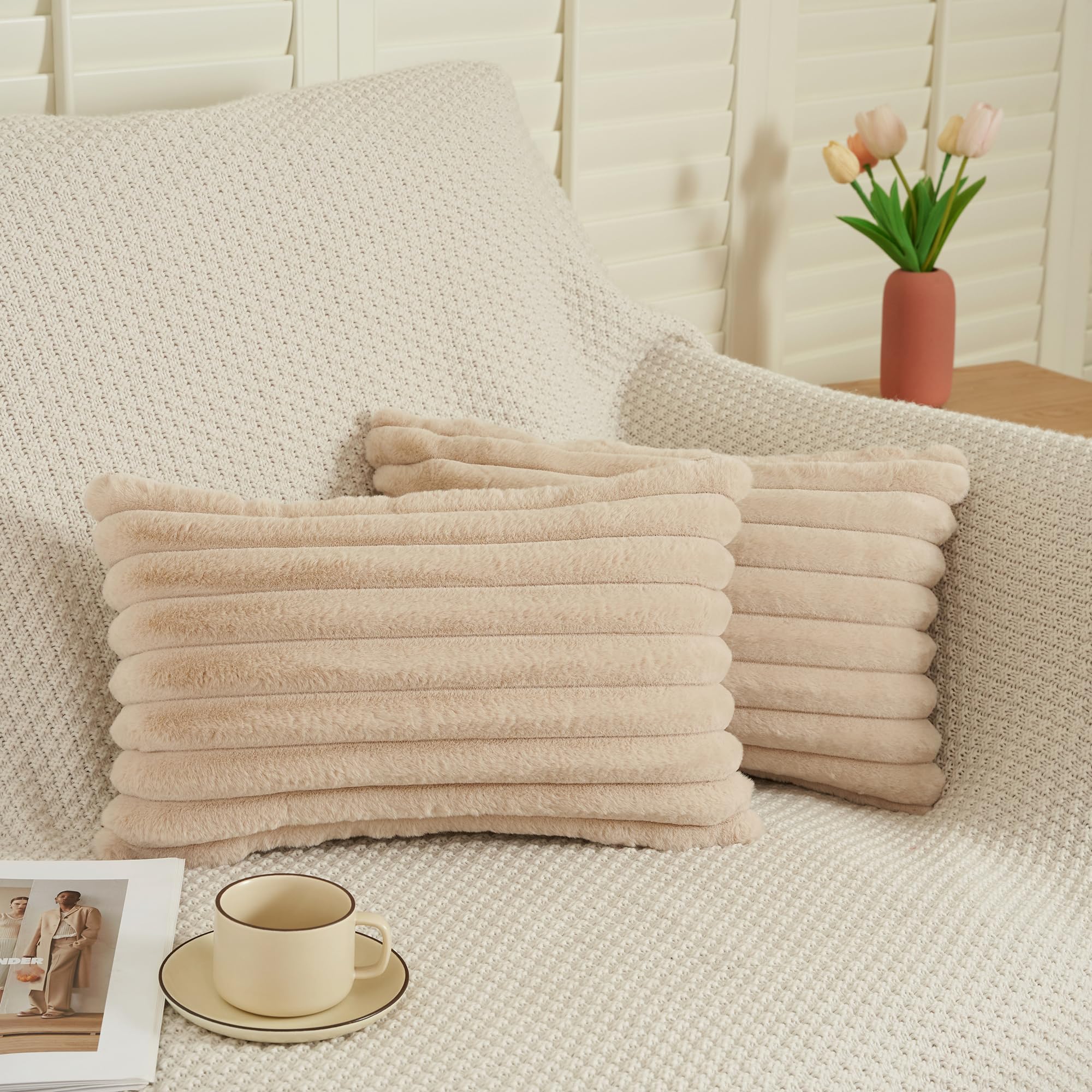 EASE LEAP Beige Cushion Covers 30cm x 50cm Fluffy Faux Fur Set of 2 Throw Pillow Covers Soft Plush Pillowcases for Sofa Bed Modern Style Home Decor Fluffy Striped Cushion Cover 12x20 Inches