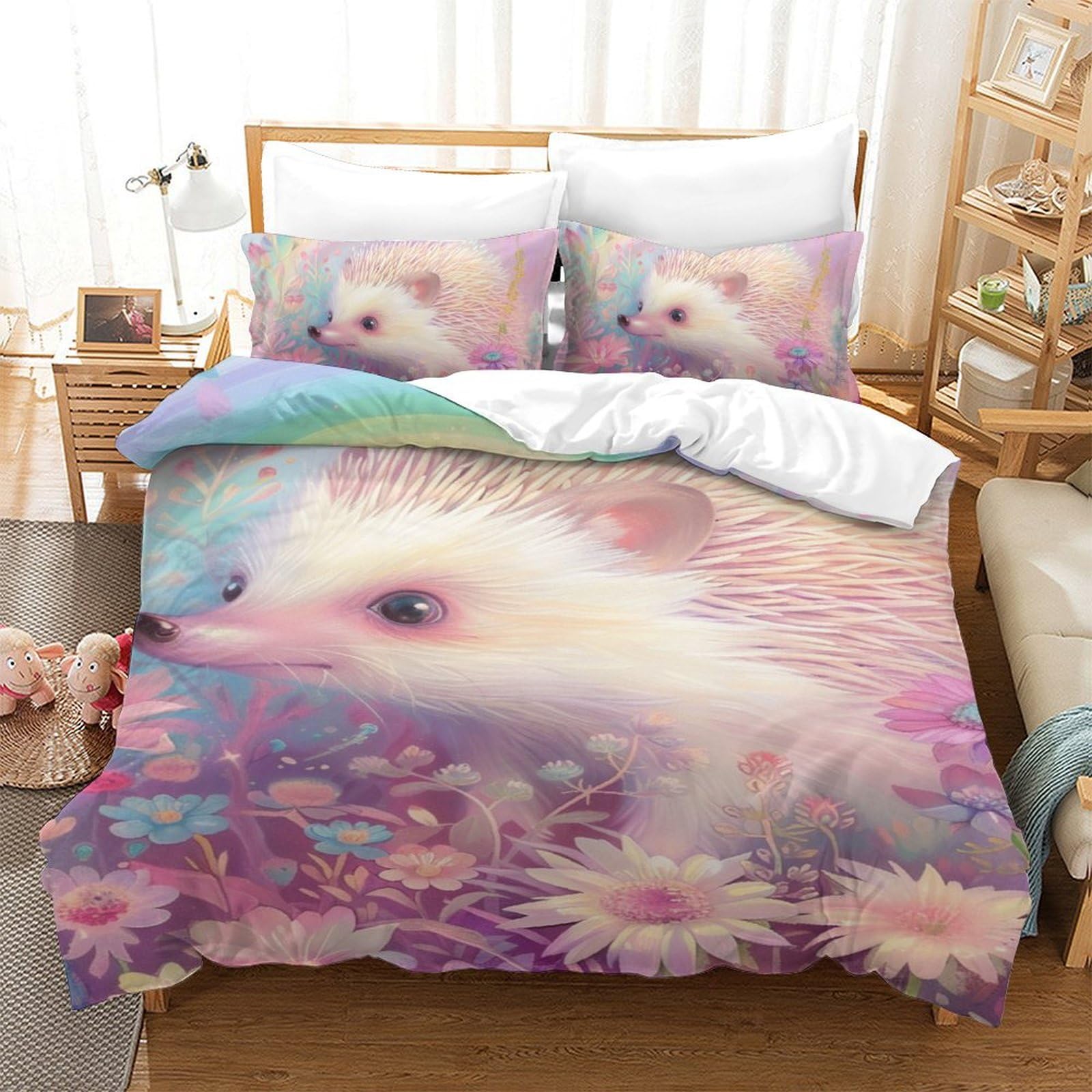 Housse de couette anti-glissement hérisson parure de lit zippée 140x200 enfant