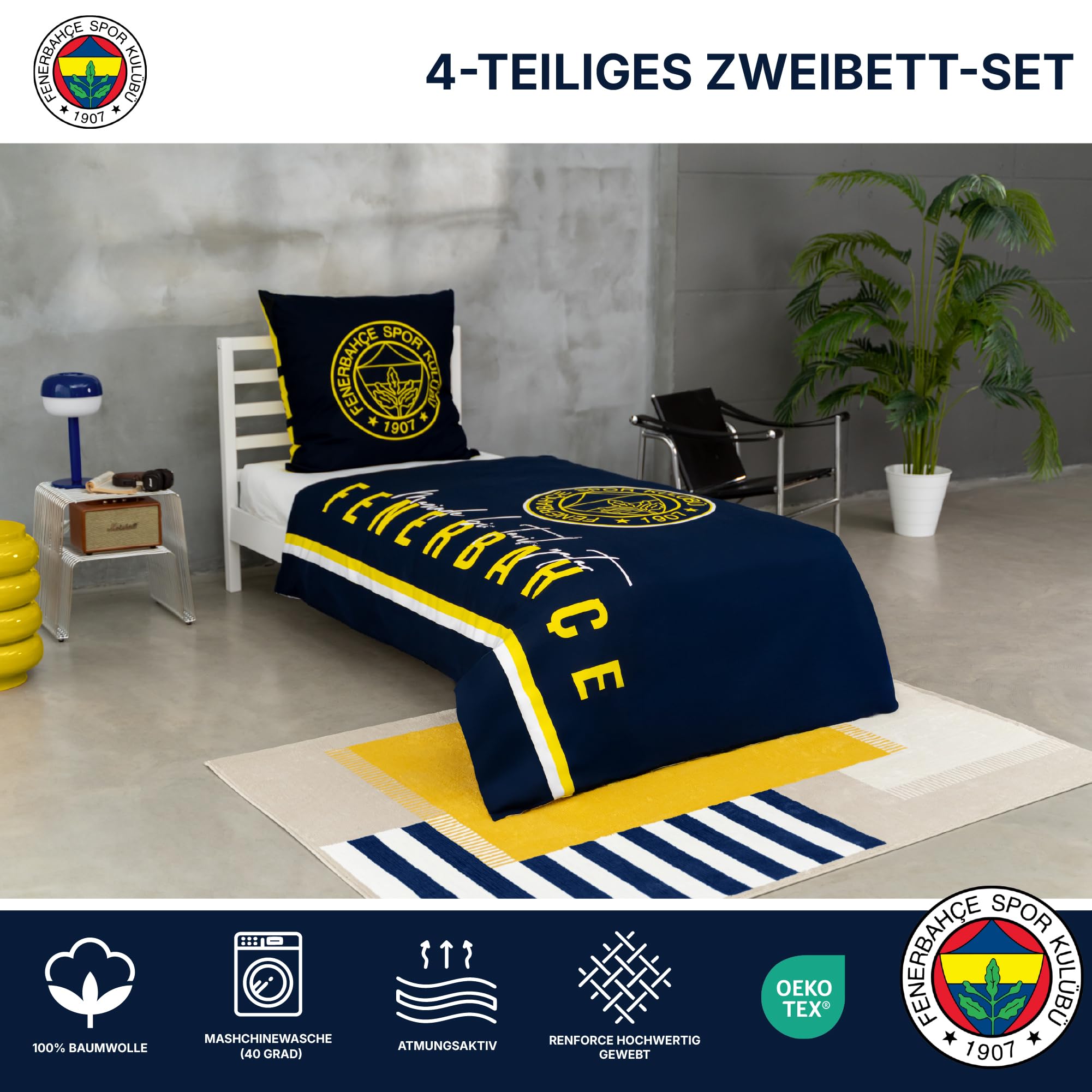 TAÇ Fenerbahçe Bettwäsche-Set 2 teilig - Bettwäsche 135x200 und Kopfkissenbezug 80x80-100% Baumwolle Super Weich - Doppelseitiger Kinder Bettwäsche für Jungen und Mädchen