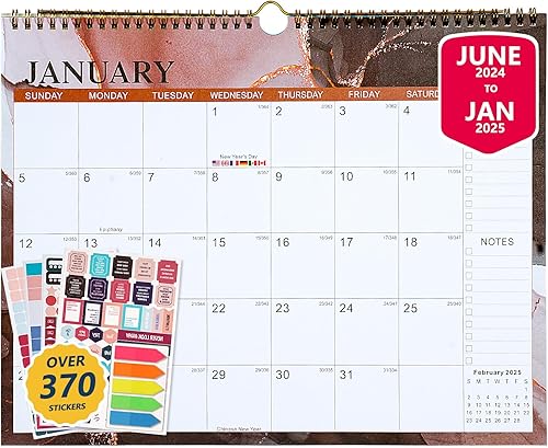 Calendario de pared 2024-2024 para colgar en la pared, calendario grande 2024-2025 con lista de tareas y notas, 320 calcomanías, calendario de 18