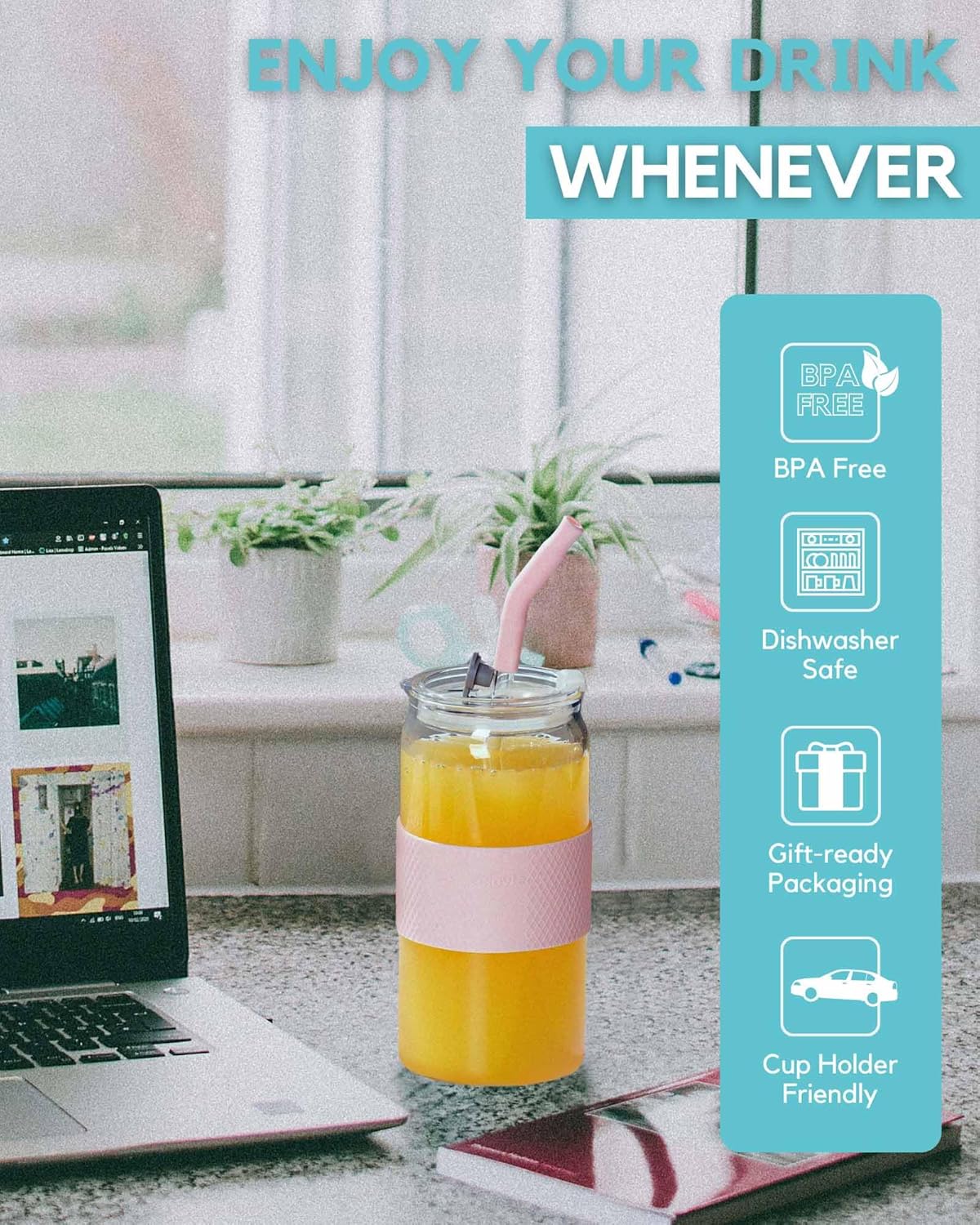 ColoVie Glass Tumbler with 3 IN 1 Lids and Glass Straws(Extra Silicone Tips), Silicone Protective Sleeve, Iced Coffee Cup, Travel Water Bottle, Soda Beer Glass Cups, Hot Tea-Pink 20oz 1pc - Image 2