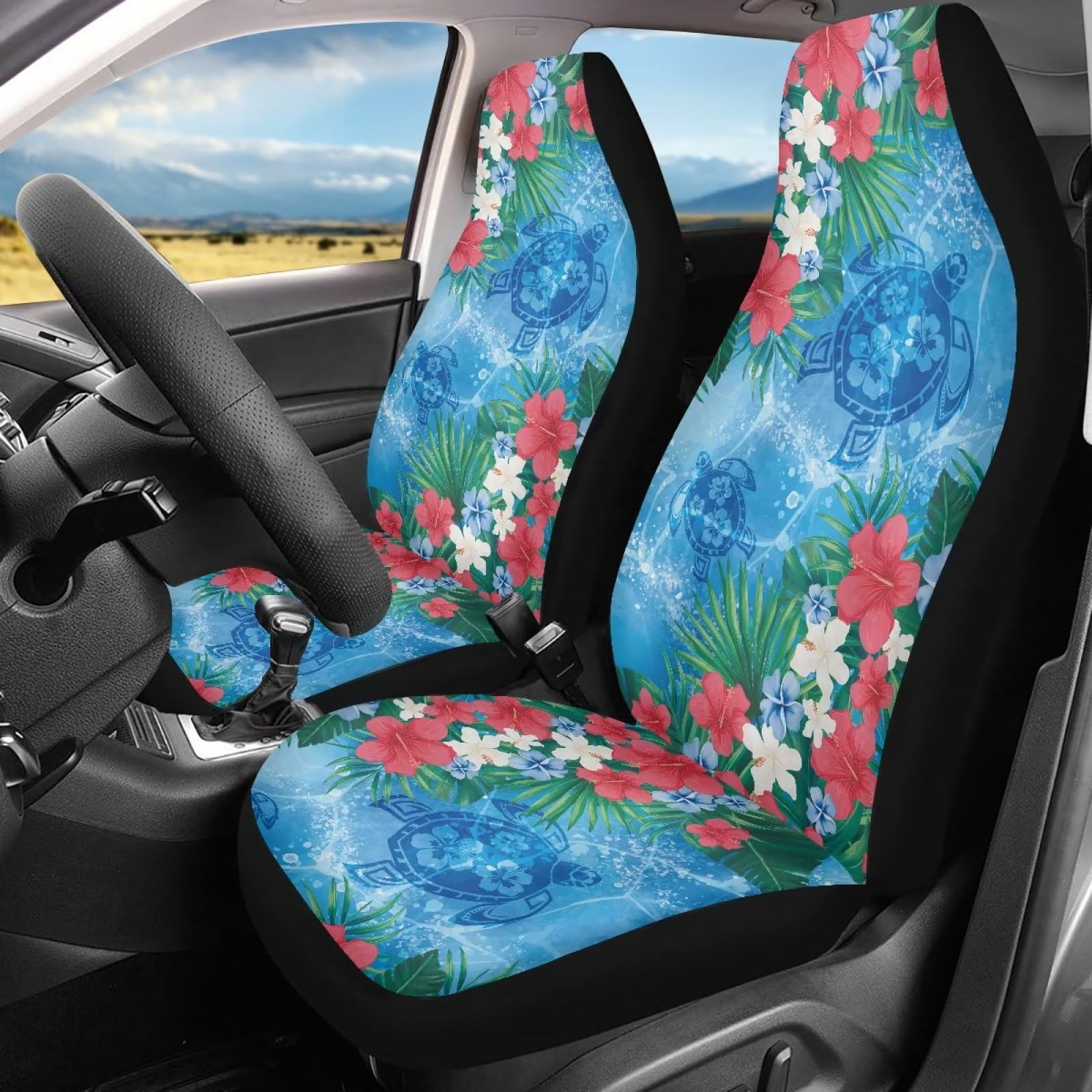 JOAIFO Hawaiian Print Car Seat Covers Set of 2,Hibiscus Flower and Sea Turtle Pattern High Back Seat Protector for Car Front Seat,Universal Seat Covers for Cars SUV Trucks