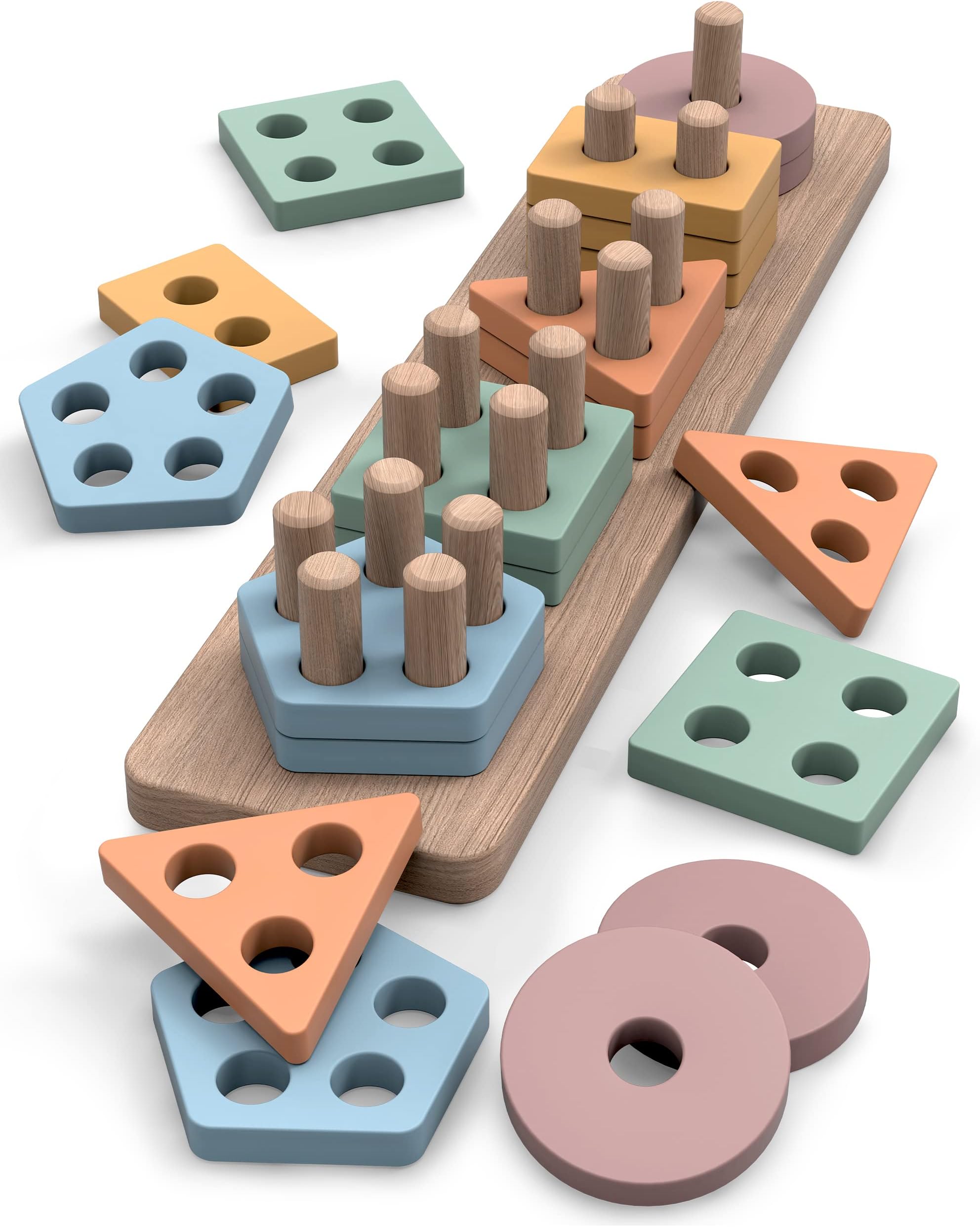 GOPO TOYS Montessori Toys for 18+ Months Old - Toddlers Wooden Sorting and Stacking Toys for Baby Boys and Girls - Shape Sorter and Color Stacker Preschool Kids Wood Gifts (Style A)