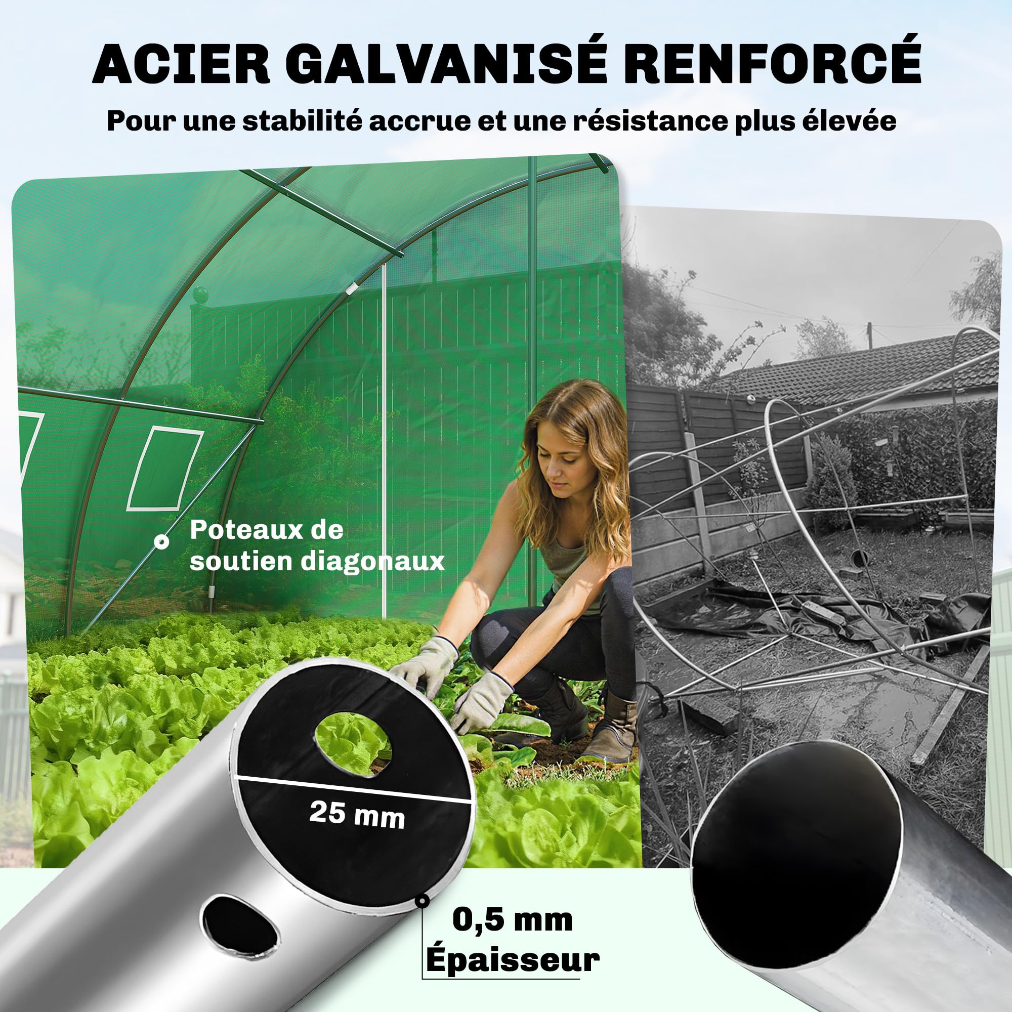 Outsunny Serre Tunnel de Jardin 24m² 395x595x199cm, Acier Galvanisé Ø25mm et Structure Renforcée - Serre Maraîchère en Bâche PE 140g/m², 12 Fenêtres & 2 Portes, Idéale Potager & Hivernage, Vert